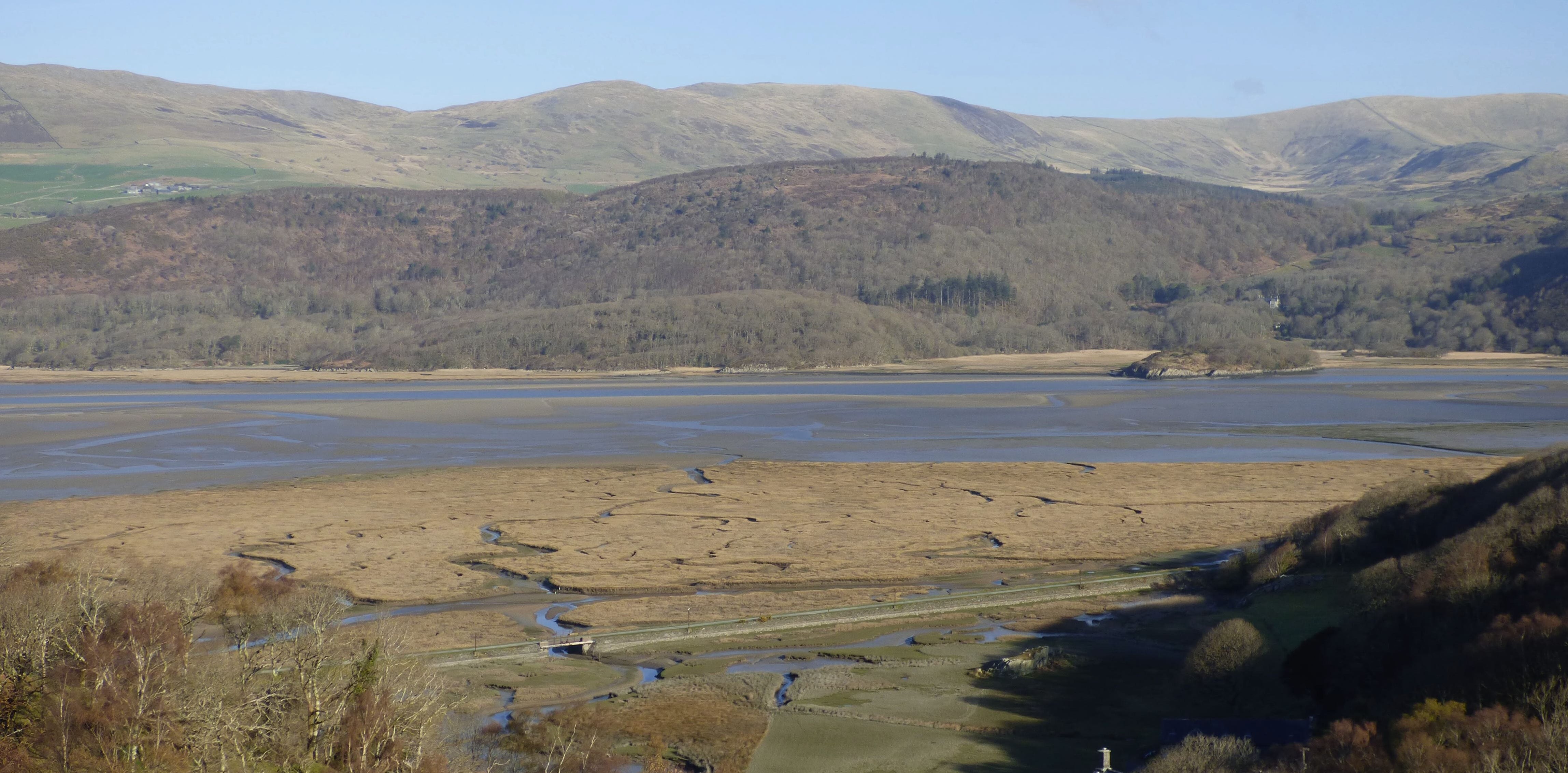 A view of an estuary in sunshine, with wetlands either side and mountains beyond.