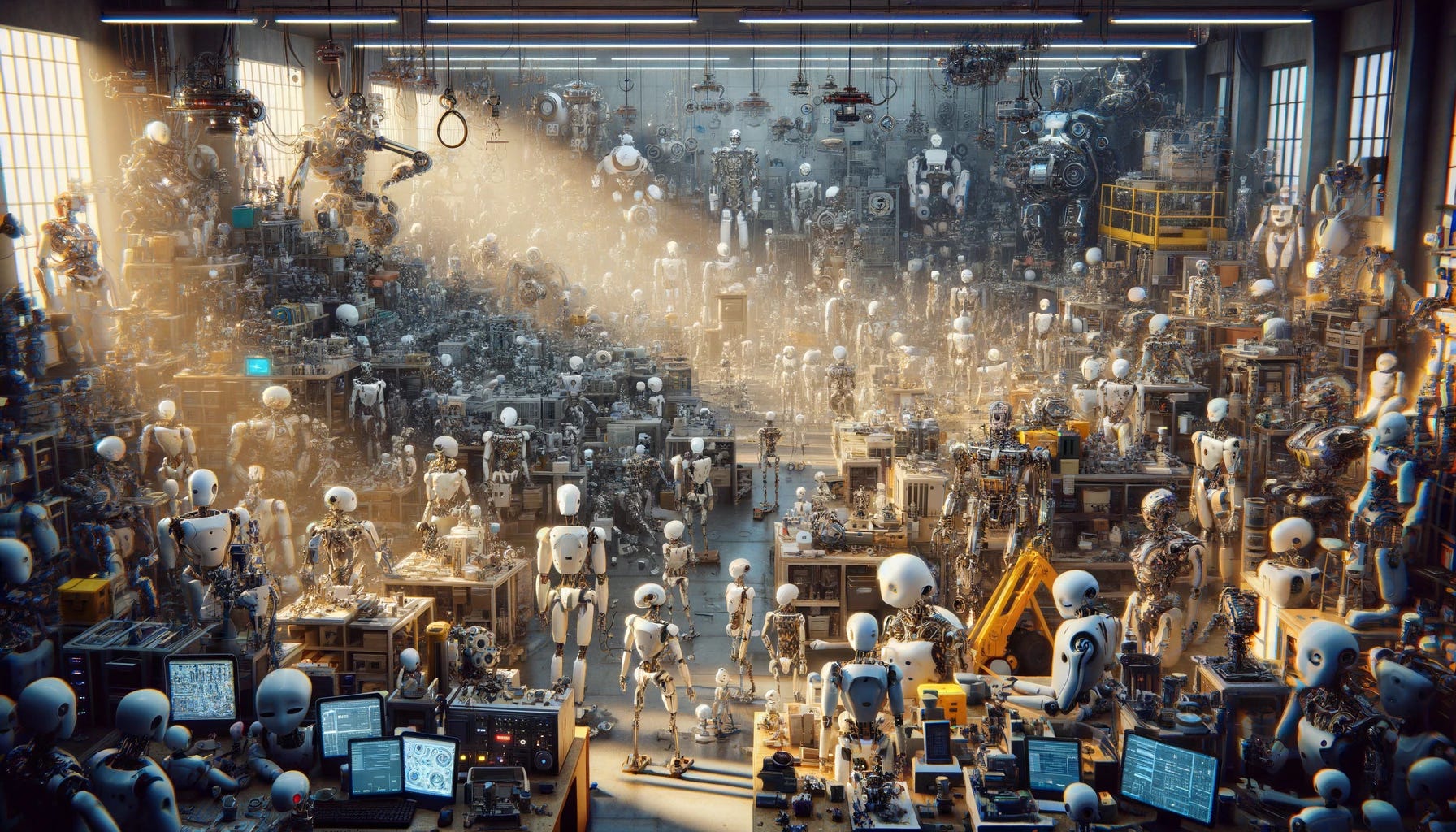 Create a landscape-oriented image depicting a room overcrowded with AI robot constructs. The scene should capture the chaos and clutter of numerous robots of different designs and sizes crammed into a small space. These AI constructs range from humanoid to abstract shapes, all showcasing various stages of activity and functionality. The room itself appears to be a workshop or a lab, filled with tools, parts, and digital screens, indicating ongoing work and experimentation. The environment should convey a sense of technological advancement but also the overwhelming nature of dealing with so many AI constructs in one confined space. Lighting should highlight the complexity and detail of the robots, creating a dynamic and visually interesting scene that emphasizes the crowded, chaotic atmosphere.
