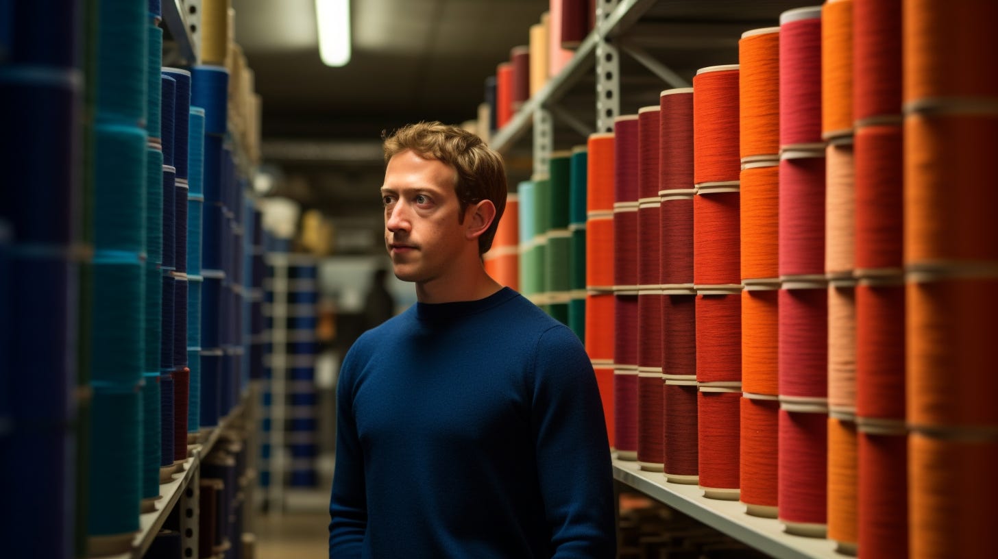 Midjourney: Mark Zuckerberg in a warehouse full of spools of thread, colors of Burnt Orange and Air Superiority Blue