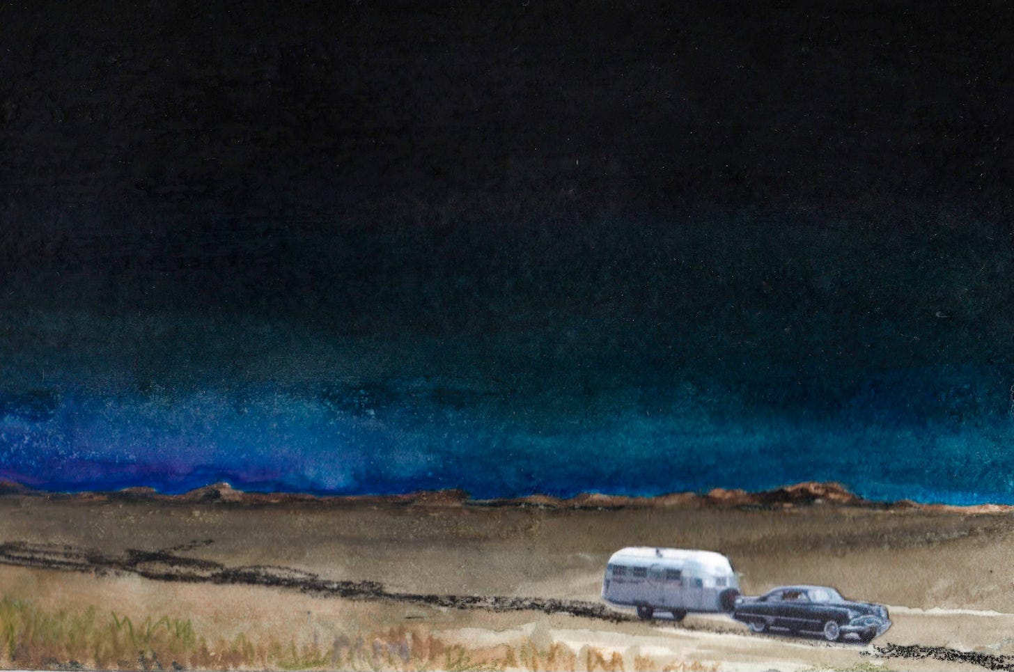 watercolor and collage painting of vintage car and trailer on desert road under night sky