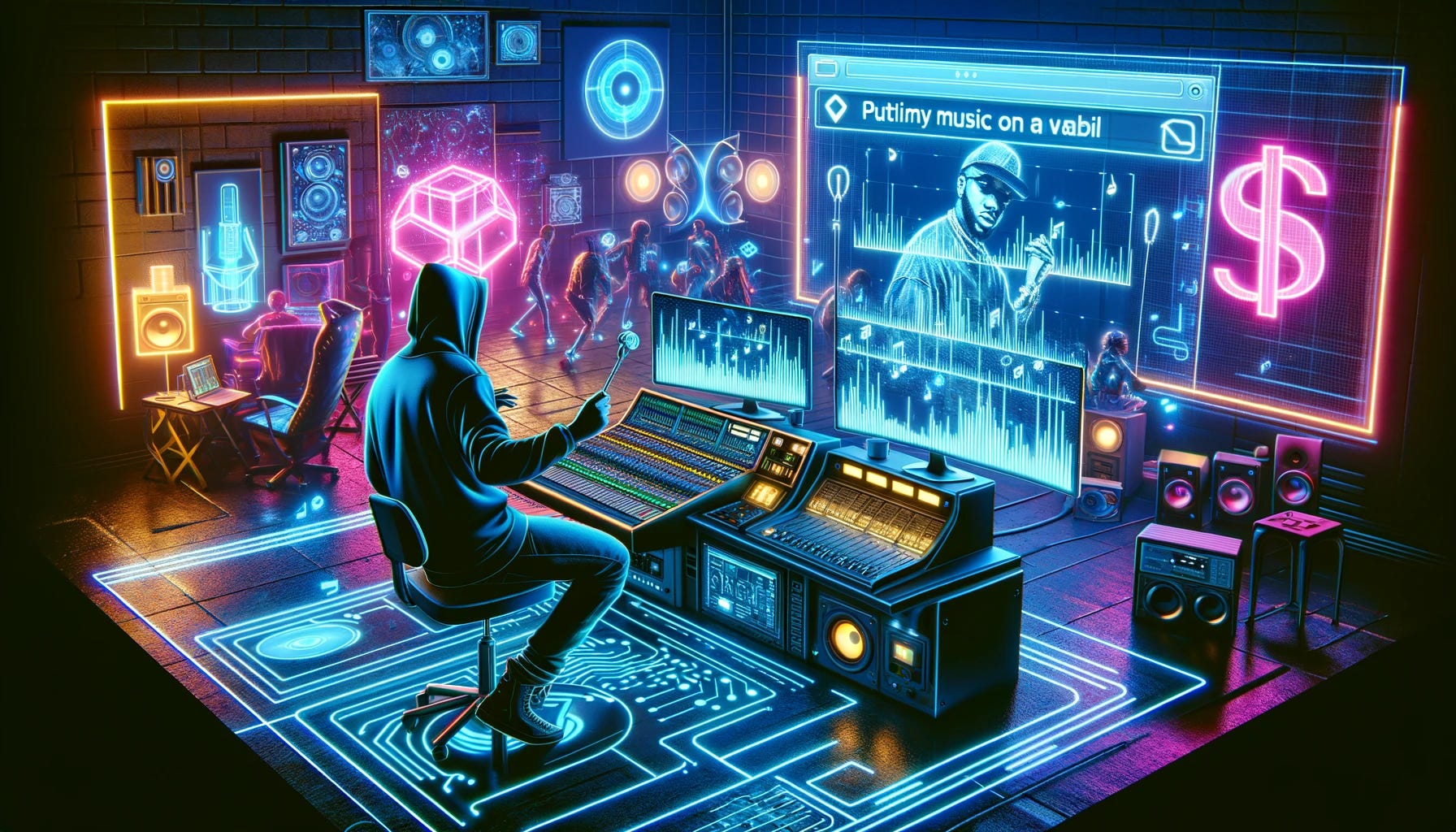 Create a landscape-oriented image depicting a rapper in a cyberpunk-themed studio, focusing on putting his music online on a Web3 wallet. The rapper, embodying a diverse representation, is engaging with advanced studio equipment amidst neon lights, digital screens, and holographic displays. The scene should capture the essence of a vibrant and technological cyberpunk world, highlighting the process of uploading music to a Web3 wallet, symbolized by digital sound waves and visual representations of tracks. The studio setting and the rapper's interaction with futuristic interfaces underscore the fusion of music, technology, and digital finance, illustrating the dynamic and diverse world of music production and distribution in a futuristic setting.