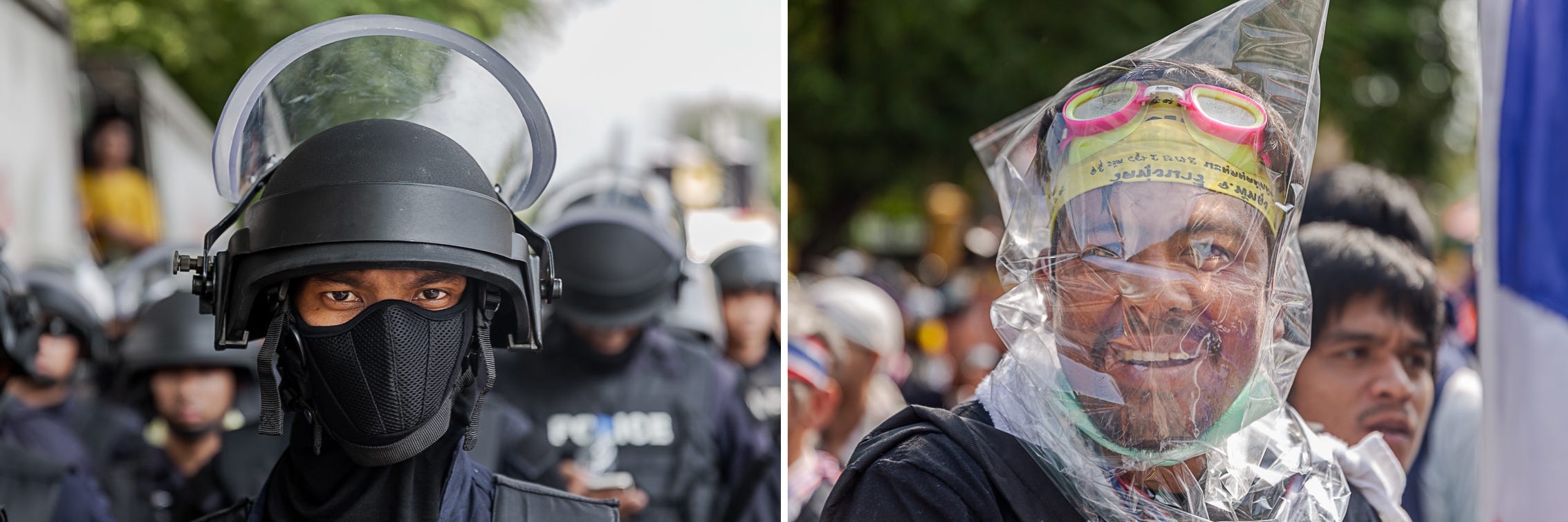 A police officer and an anti-government protestor. 1/320, ƒ/2.8, ISO 100, 70mm & 1/500, ƒ/2.8, ISO 100, 70mm