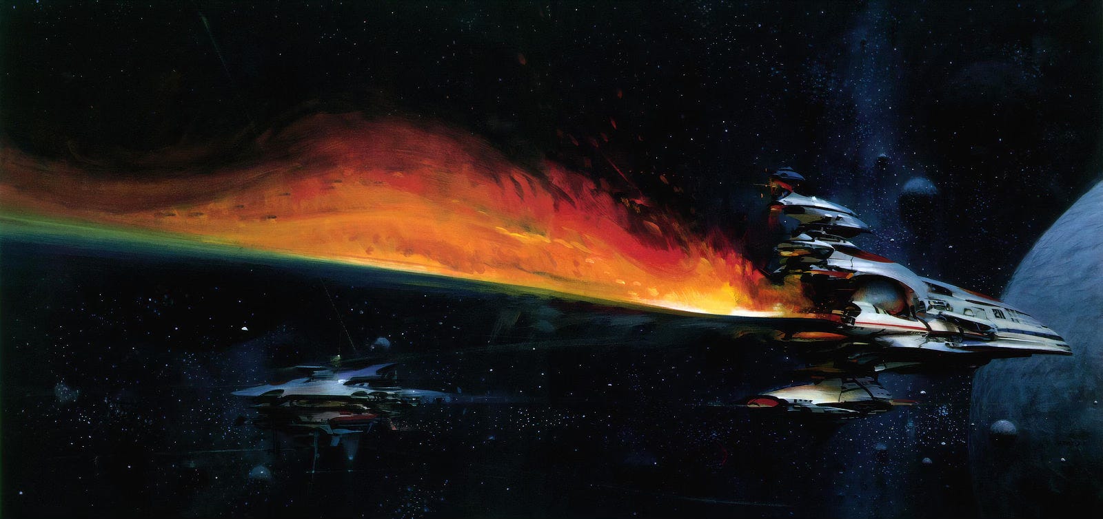 OUR UNIVERSE by John Berkey. Panoramic view of a white spaceship with red and blue highlights followed by a trail of intense flame. Yellow, orange, and red seem to burn atop a flat plane of green that carries off panel left. The aerodynamic nose of the craft intersects the arc of a planet. Smaller moons orbit the planet below the ship. Beneath the burn trail another spaceship points in the other direction, coasting among the stars.