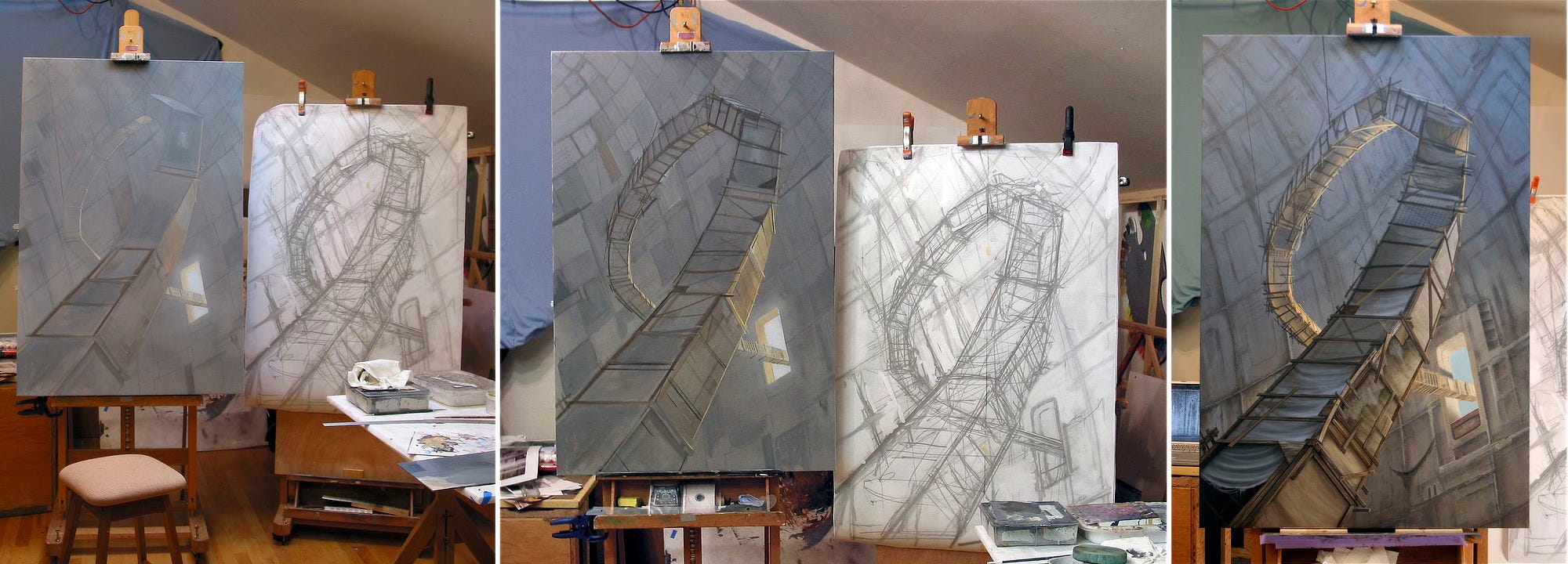 Three photos side by side of the painting in progress in the larger space of Michael's oil studio. From left to right, the painting is more defining moving from very few lines defining the structure, to more contrast, to a photo realistic finish. In each photo there is a blown up sketch displayed on another easel next to the painting.