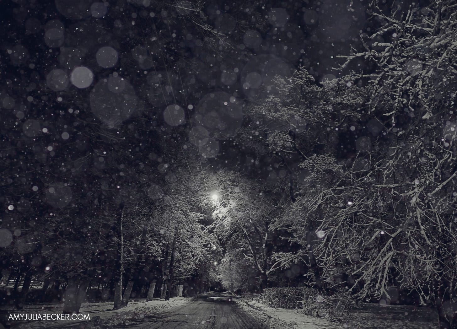 a black and white photo of a snowy road at night