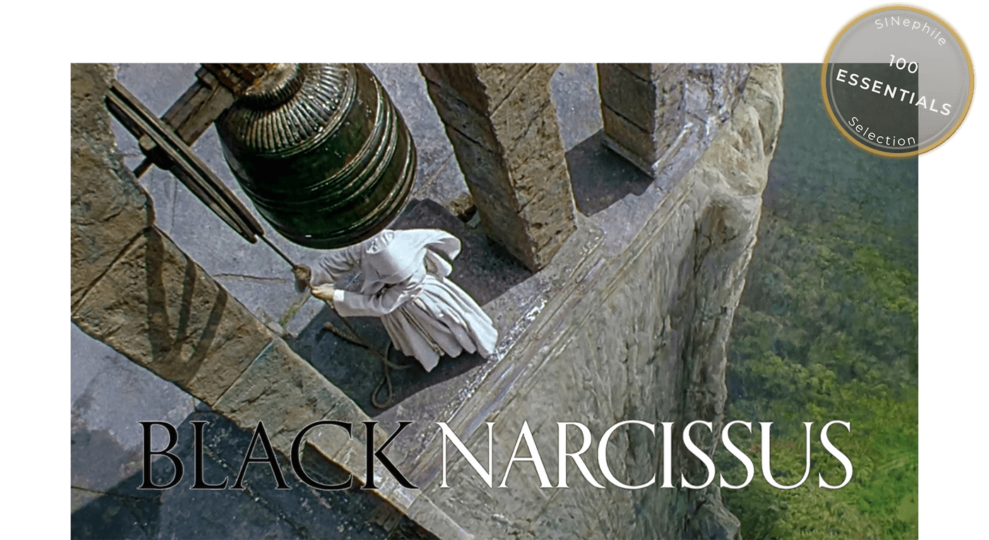 Still from Black Narcissus: a nun in white habit rings a massive bronze bell at the edge of a Himalayan cliffside convent, as jungle foliage unfurls far below. A vintage-style gold badge stamped “SINephile 100 ESSENTIALS Selection” overlays the upper right corner.