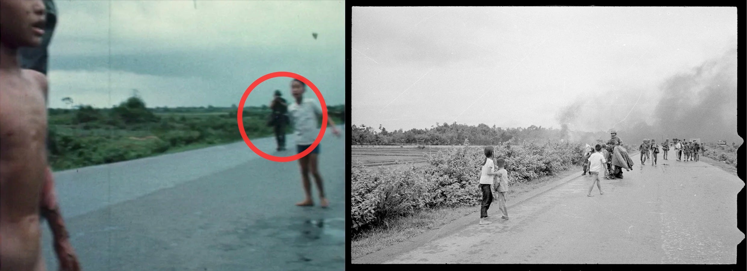 Nick Ut in the background of ITN footage and Nick Ut’s photo including the ITN film crew.