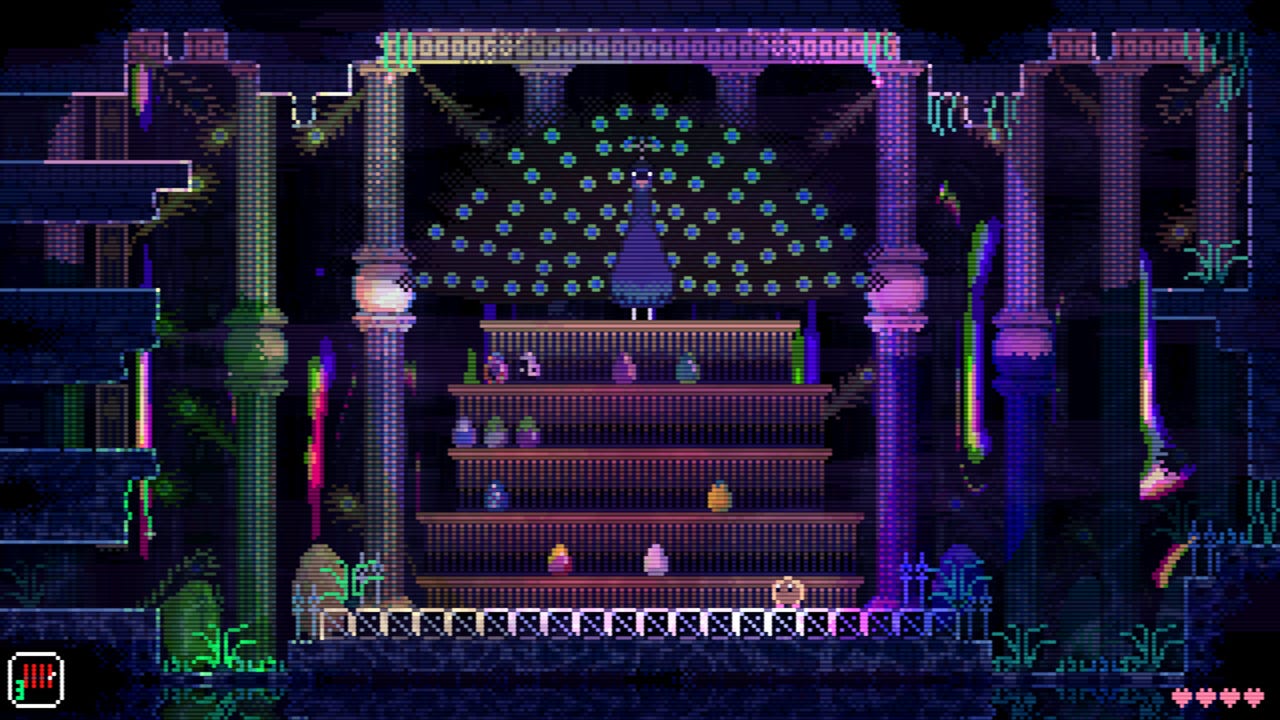 Video game screenshot of a dark room with shelves that have different-colored eggs on them. A peacock stands on top of the shelves