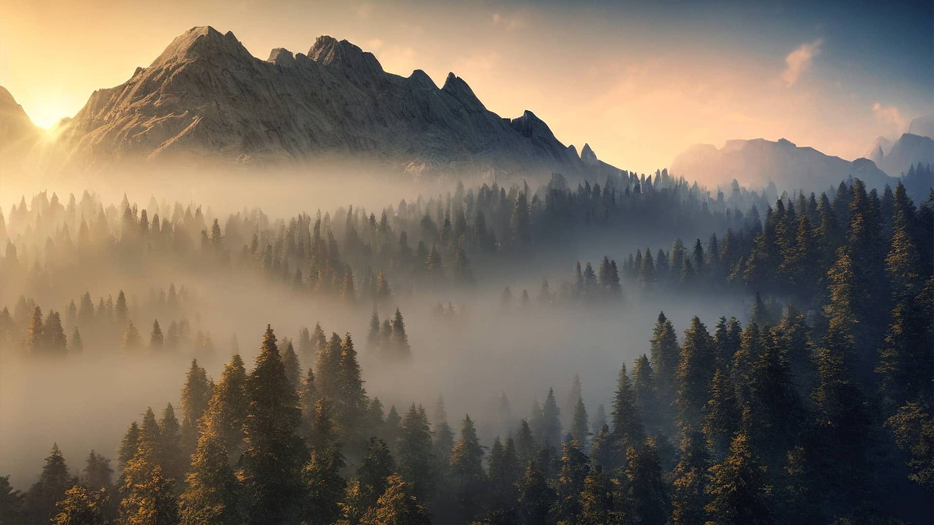 A forest shrouded in fog at sunset, mountain peaks in the distance.