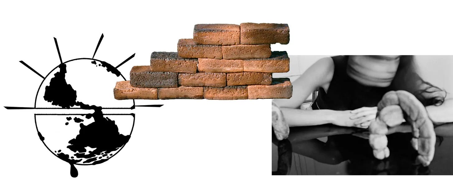 a collage which includes an illustration of planet earth, bricks of bread, and lexie smith