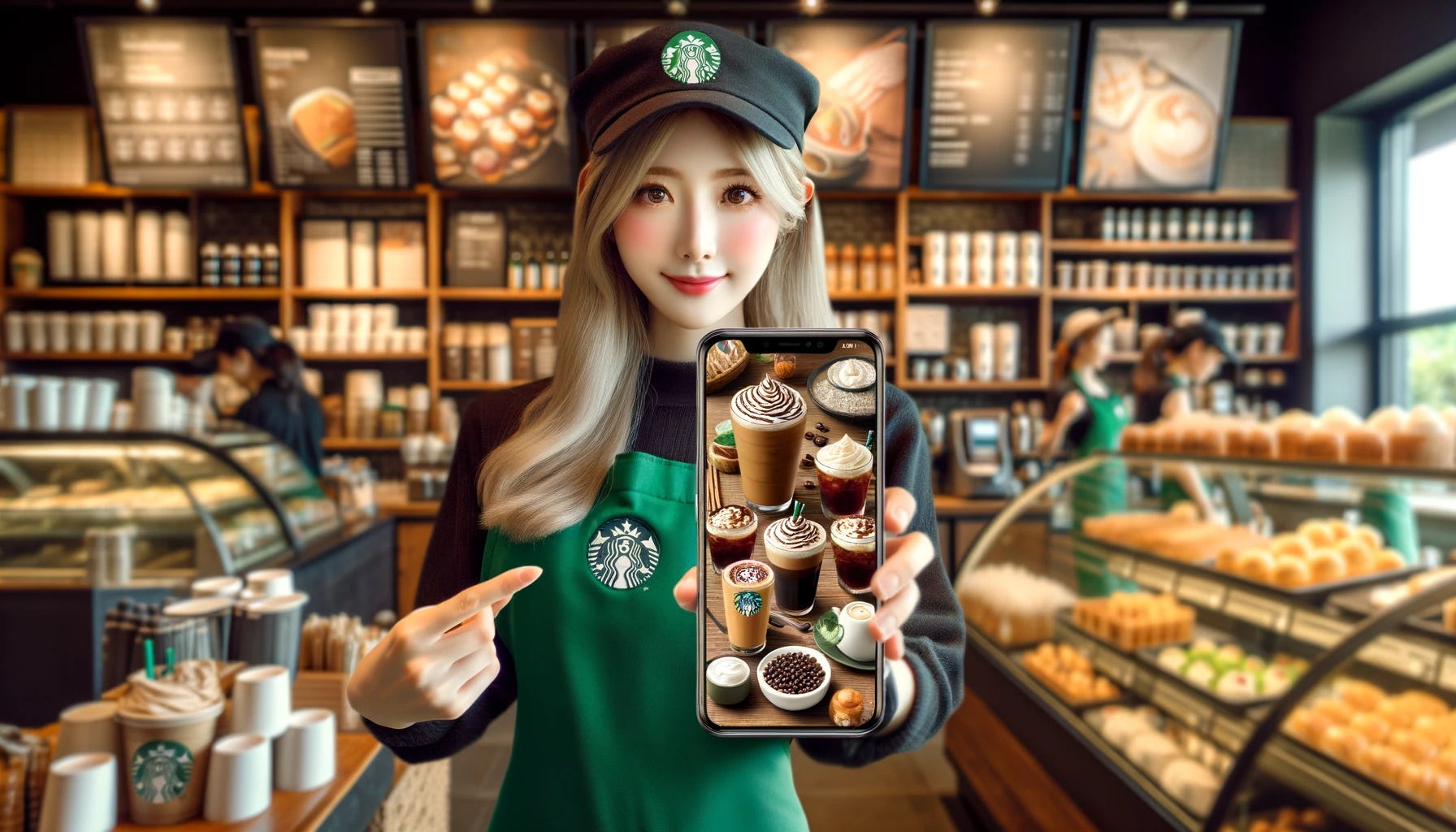 Create a landscape-oriented image depicting a Starbucks barista girl holding a cellphone, which displays images of Starbucks items and drinks. The barista is dressed in the recognizable Starbucks uniform, exuding a friendly and professional demeanor. The cellphone screen is clearly visible, showcasing a variety of Starbucks products, such as coffee cups, pastries, and other menu items, in vibrant and appealing detail. The background is a cozy Starbucks café interior, with customers enjoying their drinks and the warm, inviting atmosphere typical of Starbucks locations. This image captures the essence of the Starbucks experience, highlighting the connection between the staff, the products, and the customers in a modern and digital context.