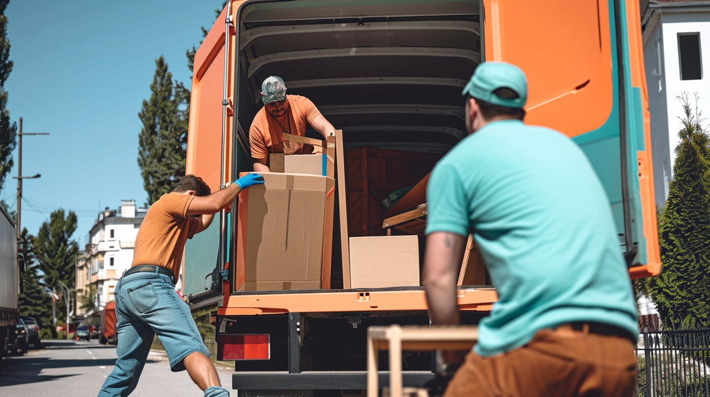 Midjourney prompt: two workers moving furniture into a moving truck, colors of burnt orange and air superiority blue --no airplanes --ar 16:9 --v 6.0 --style raw