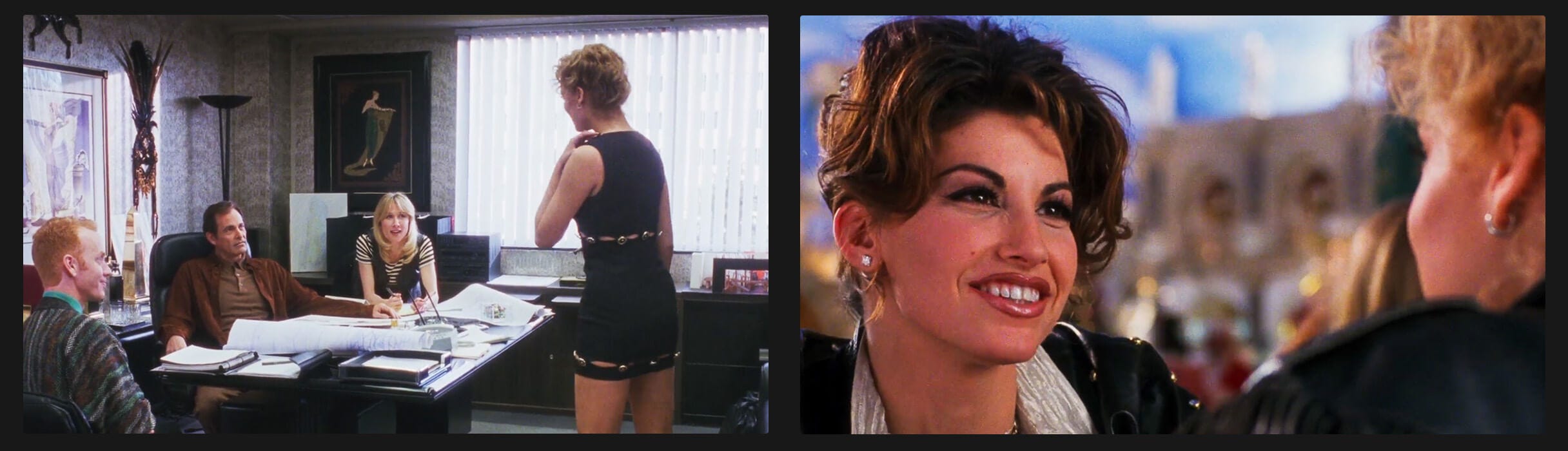 Left, Nomi stands in producer Tony Moss's office in her new black "Versace" dress just after landing the job. Right, Cristal and Nomi bond over their mutual love of Doggie Chow at Spago, foreshadowing friendship and future betrayal. Left, Nomi stands in producer Tony Moss's office in her new black "Versace" dress just after landing the job. Right, Cristal and Nomi bond over their mutual love of Doggie Chow at Spago, foreshadowing friendship and future betrayal.