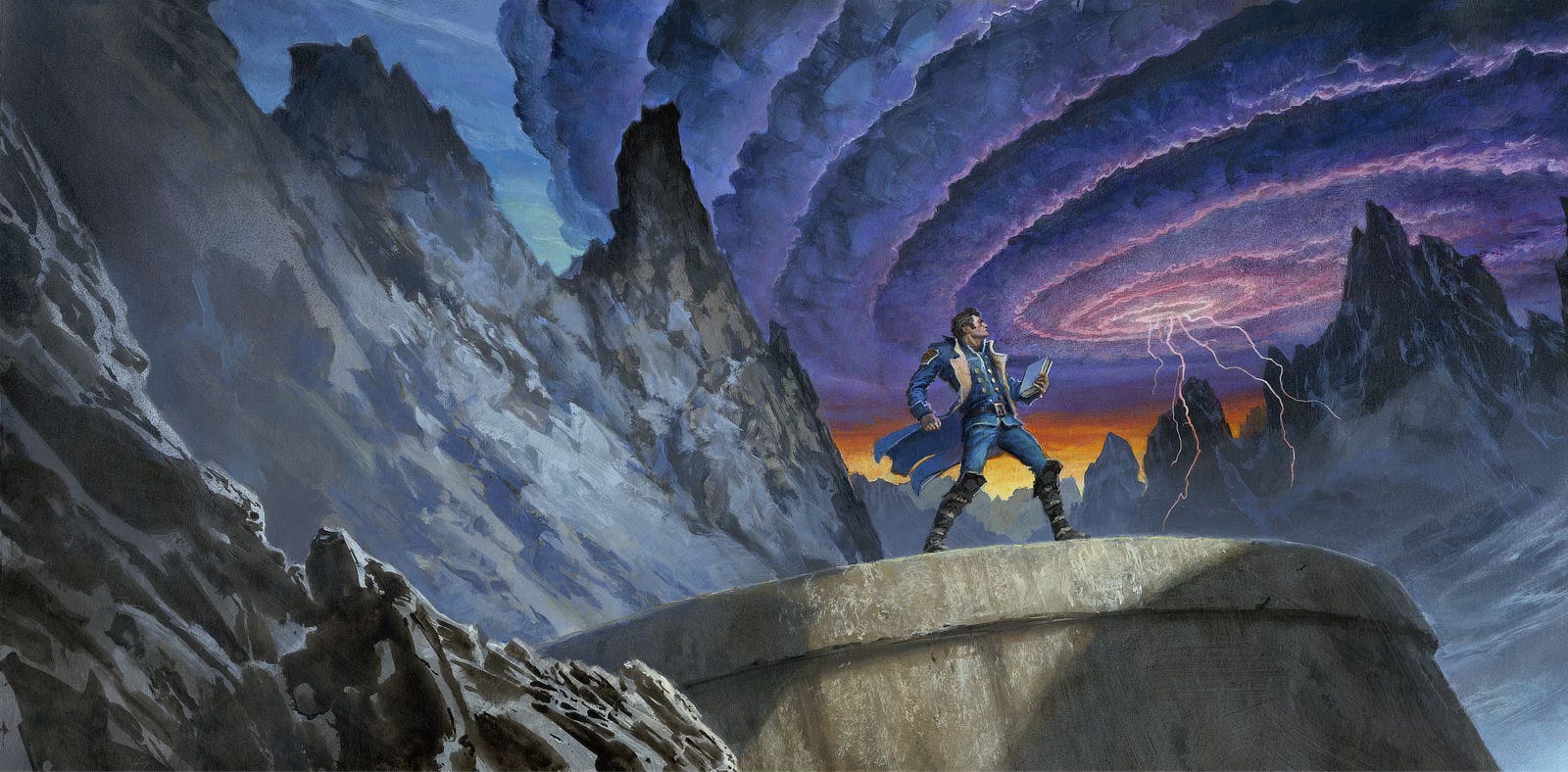 Color preliminary concept for WIND AND TRUTH featuring Dalinar Kholin in blue uniform holding a book in his left hand as the purple spiral of the Evertstorm approaches. The spiral brightens at its center with forks of lighting looking like the legs of a jellyfish. Dalinar stands on a platform that rises high against snow covered mountains. The low angled perspective is disorienting.