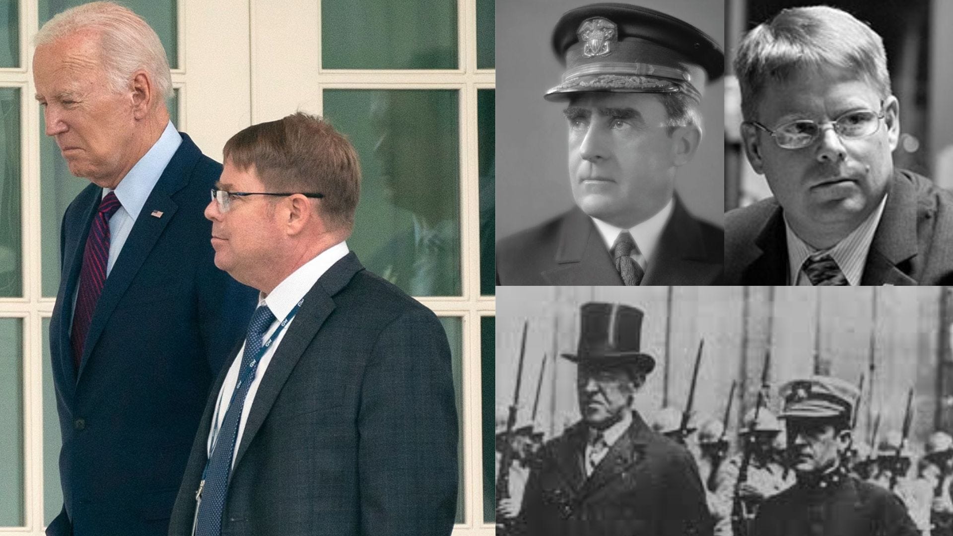 A collage of photos of Joe Biden and Woodrow Wilson with each of their Presidential Physicians Dr. Kevin O'Connor and Admiral Carl Grayson. A collage of photos of Joe Biden and Woodrow Wilson with each of their Presidential Physicians Dr. Kevin O'Connor and Admiral Carl Grayson.