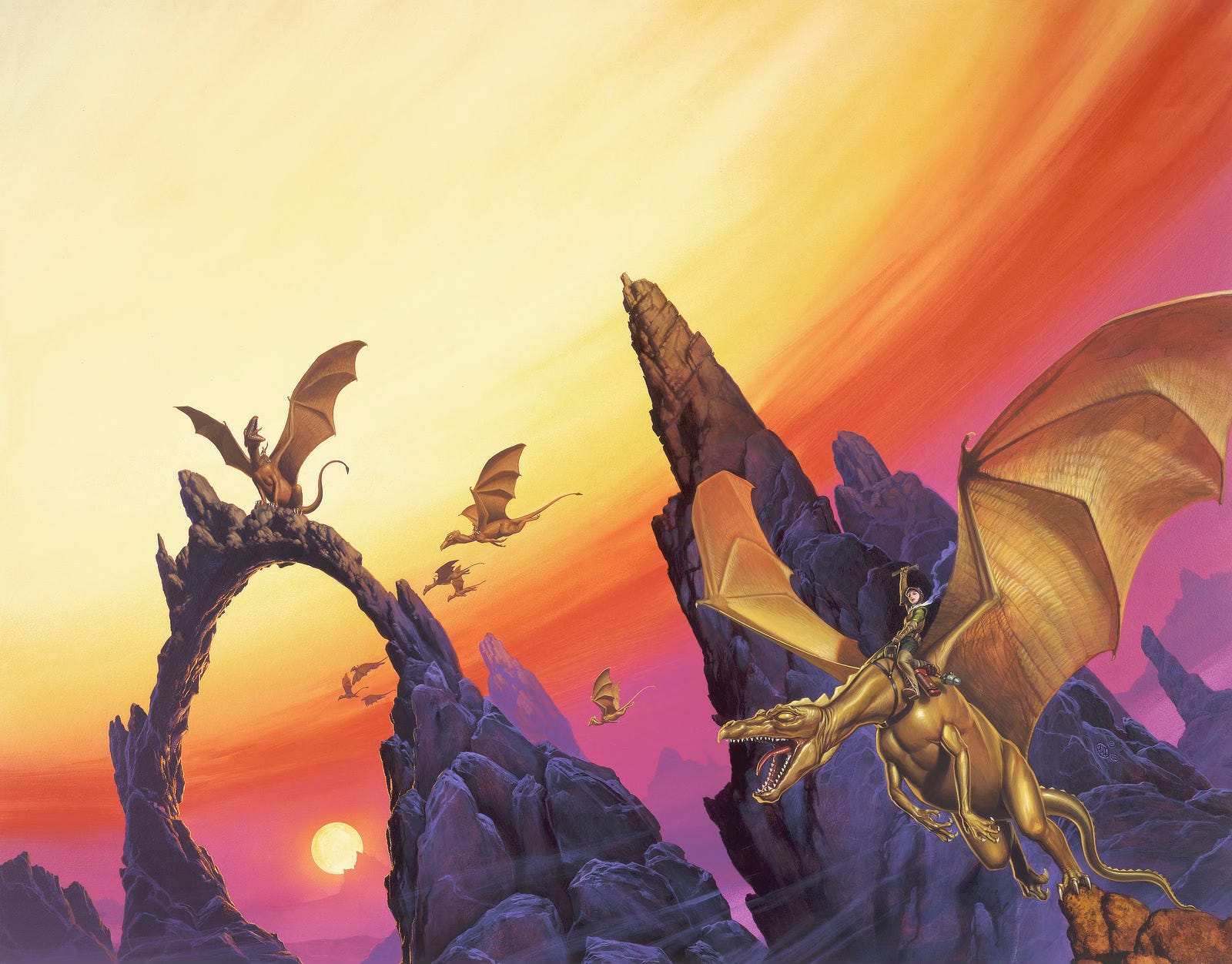 With one back claw pushing off, a bronze dragon launches from a rocky peak. Wings catch air as its long neck stretches sinuously in forward motion. The rider rears back with one hands gripping harness and the other arm thrown high as if she were riding a bucking bronco. She holds a scroll tightly in her free hand.  The horizon angles up from the lower left adding to the sense of motion. The foreground facing mountains tint purple out of the exposure of an alien sun that burns yellow low in the sky as framed by a rocky arch upon which another dragon perches with rider. The sky is a long layered wave of magenta, red-orange, and yellow.