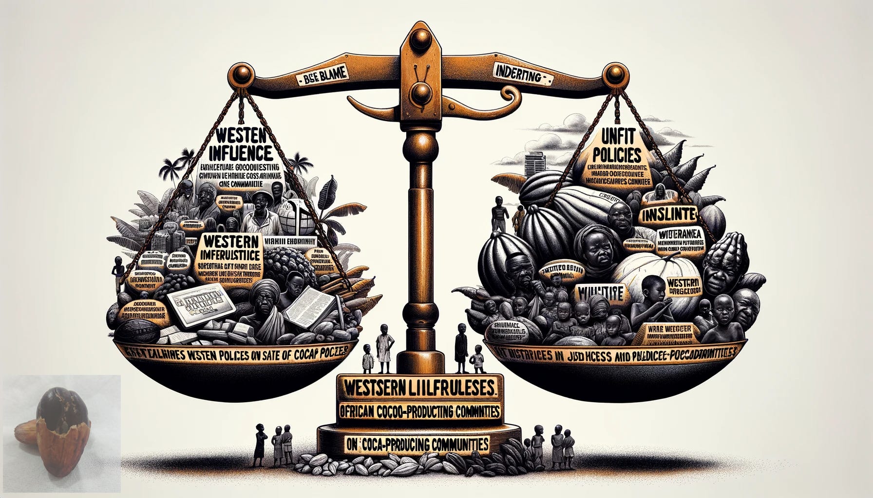 An evocative image portraying a weight scale as a metaphor for Western influence on cocoa-producing communities. On the left side of the scale, symbols of Western impact are shown, including corporate logos, Western media broadcasts, and representations of policies, suggesting themes of external pressure and misunderstanding. This side visually conveys a narrative of blame, insult, and unfit policies affecting cocoa producers. On the right side of the scale, the effects on African cocoa-producing communities are depicted. The imagery includes cocoa farmers confronted with challenges, a general sense of injustice, and children in the community facing undeserved resentment. This side poignantly illustrates the harsh realities and emotional struggles these communities endure due to Western influences. The overall tone of the image is poignant and thought-provoking, aiming to highlight the complex and often detrimental effects of Western perspectives on the lives and livelihoods of African cocoa farmers