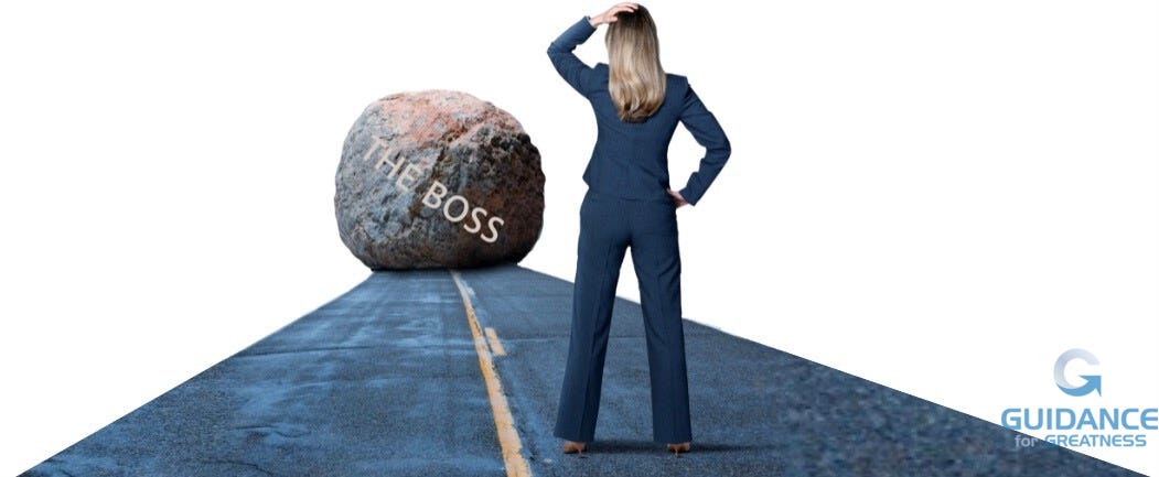 A business woman standing in a road facing toward a large boulder in the road. The woman has her right hand on her hip and her left hand on her head in exasperation. The boulder is labeled “the boss.”