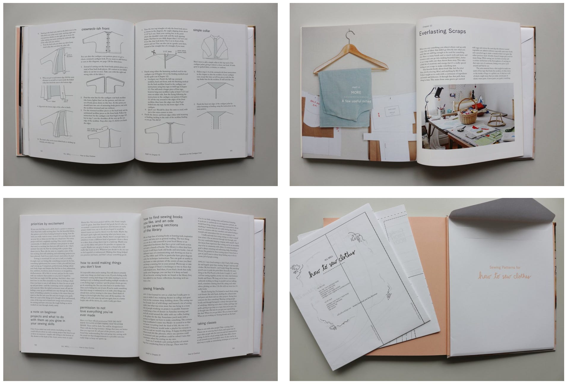 four photos of the pages of the book, and the envelope and pattern sheets in back