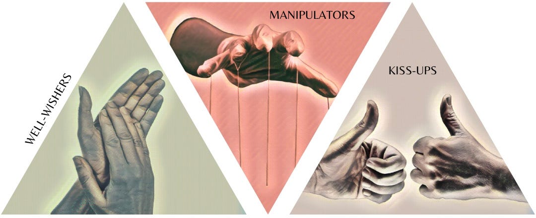 Three images: hands clapping (labeled well wishers), a hand with puppeteer strings (labeled manipulators), and two hand giving thumbs up (labeled kiss ups)