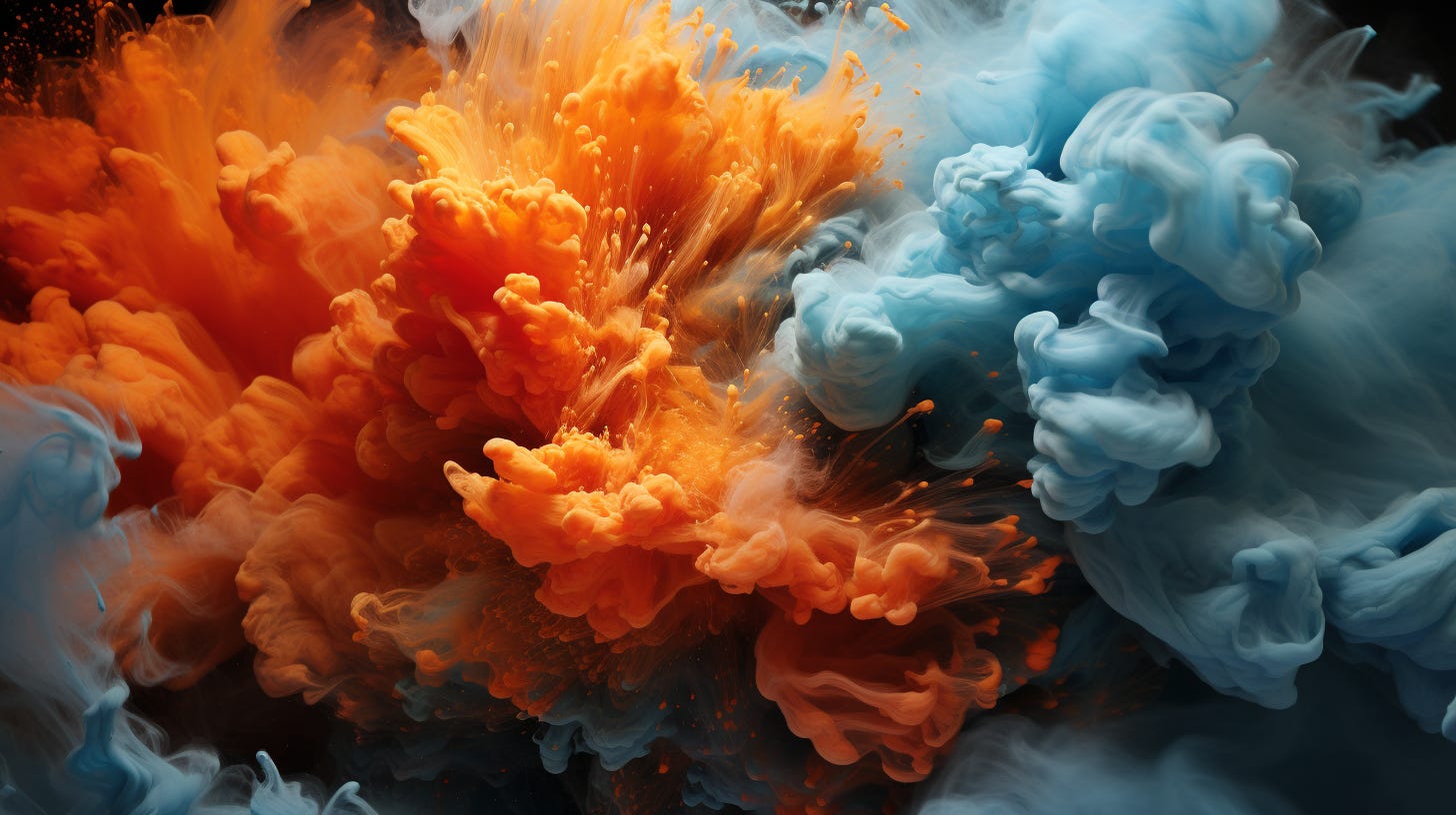 Midjourney prompt: Explosion of paint, colors of Burnt Orange and Air Superiority Blue