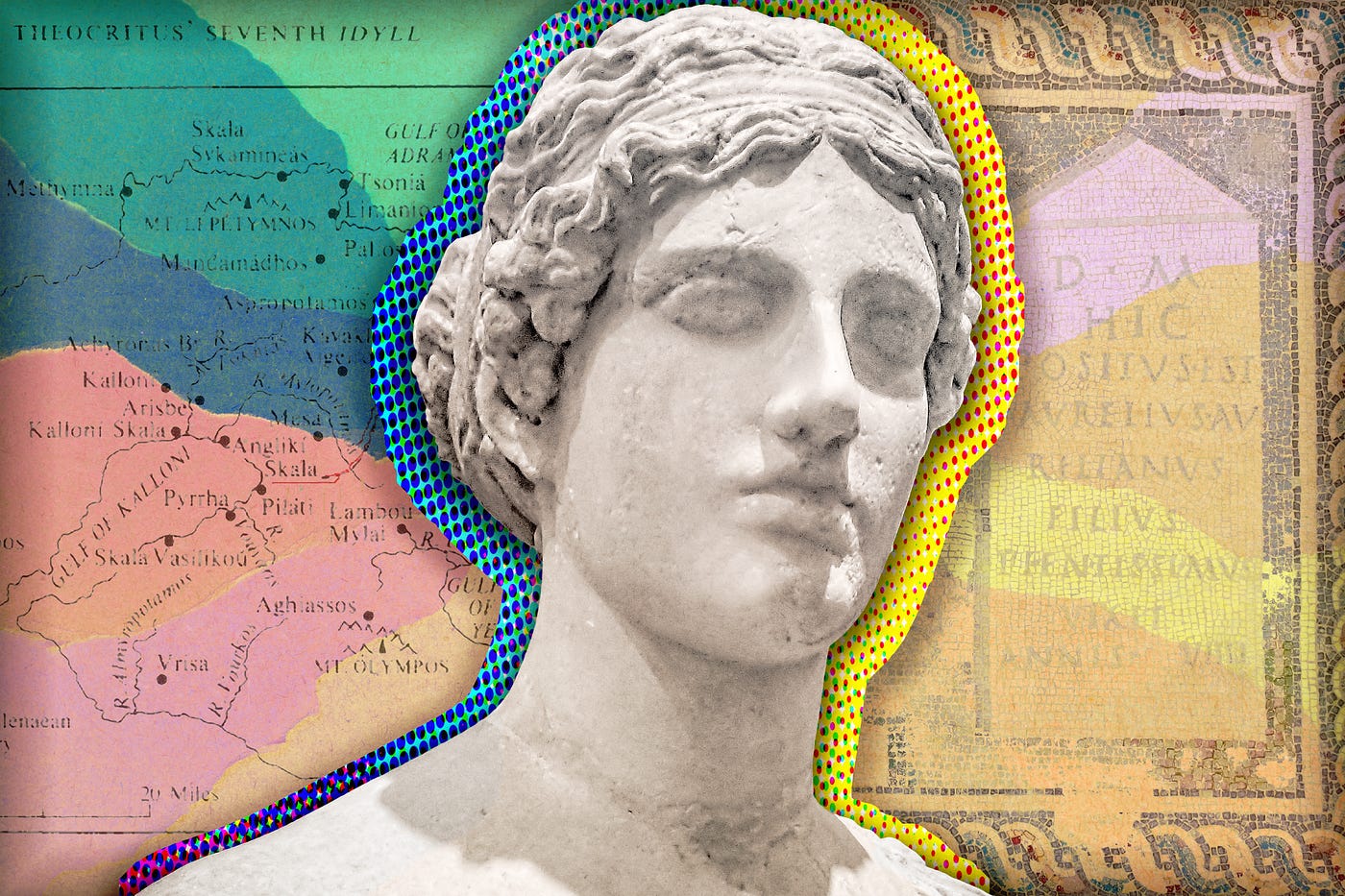 An artistic, multi-colored depiction of the ancient Poet Sappho with a Latin inscription of one of her poems on the right behind her and a map of the island of Ancient Lesbos on the left behind her.