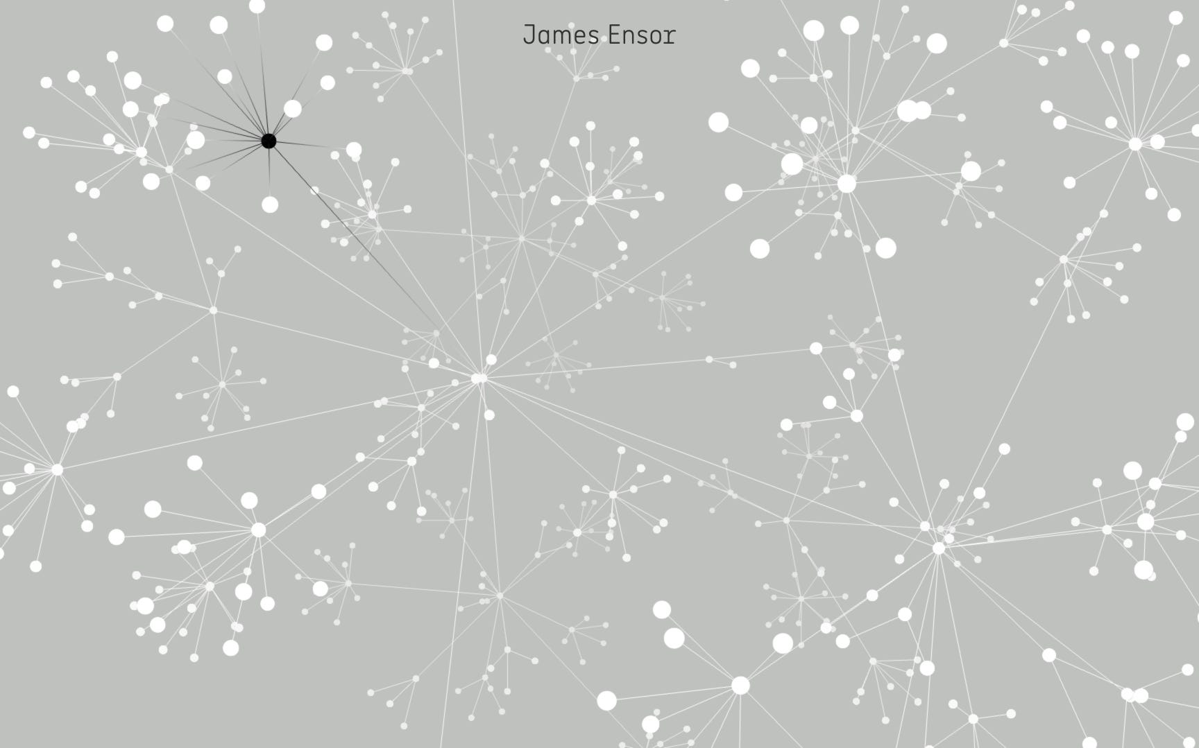 A constellation of white dots connected by white lines. One dot is black in the upper right hand corner with a label that says, "James Ensor"