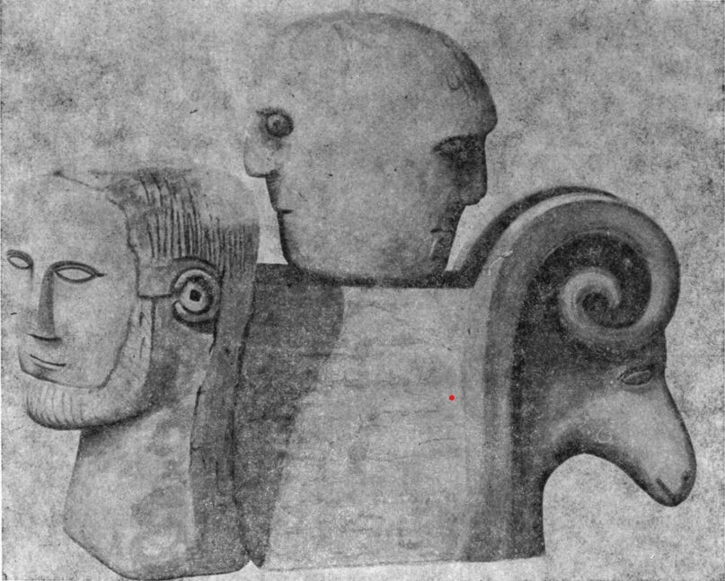 Old black and white sketch of the three faced Corleck head, centre with side view of stone ram's head on right, and a male bearded head to the left. this one is very different to the Corleck head, which in my opinion, seems to look much older and enigmatic, the style more a representation of facial features than lifelike.
