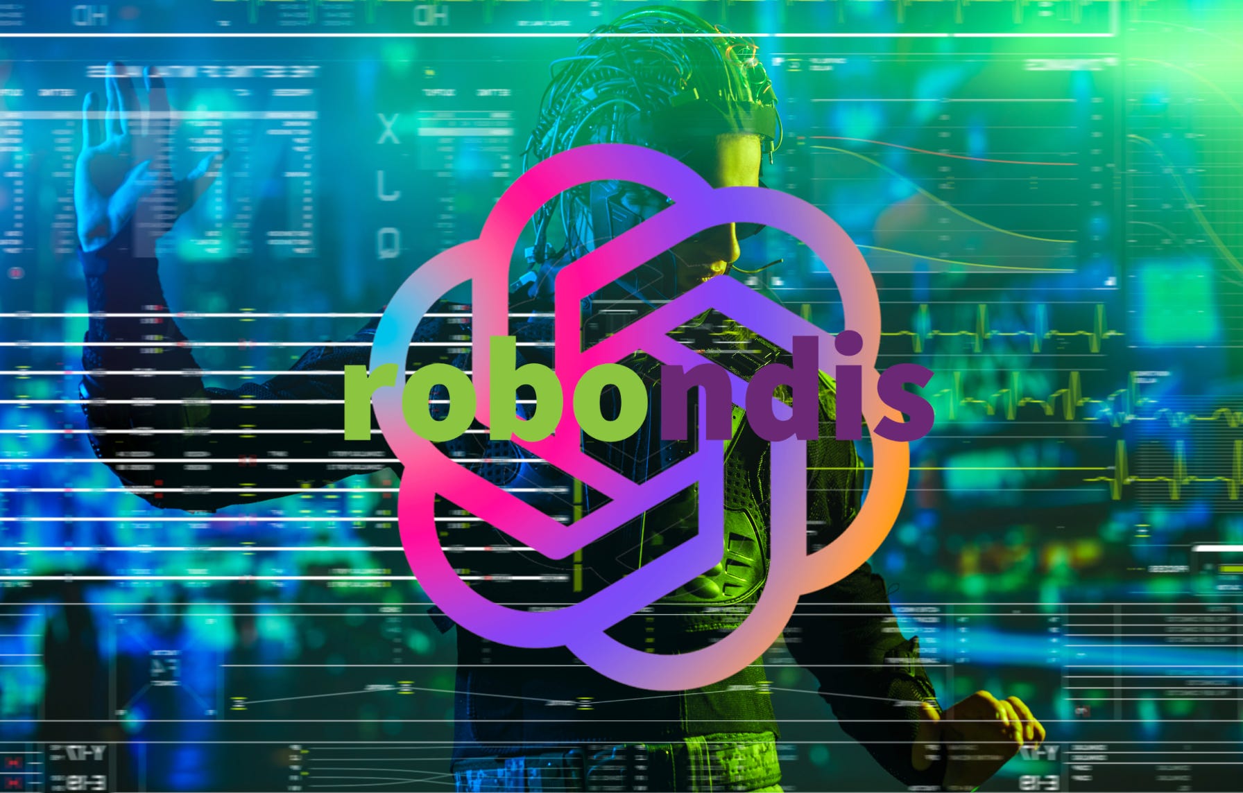 Green high tech background. Futuristic woman. Pink and purple GPT logo. Purpled green text on top of logo reads ‘robondis”.