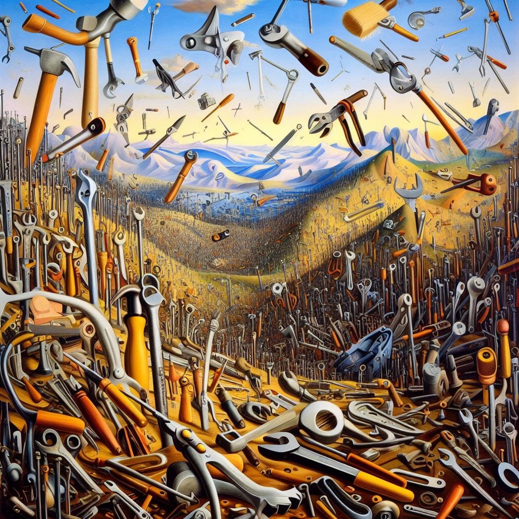 A surrealist painting of a huge number of tools falling from the sky.