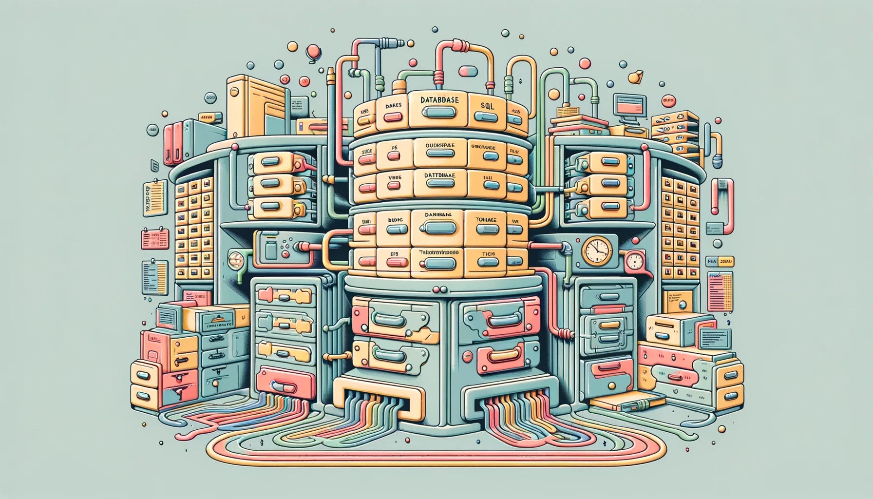 An image in the style reminiscent of Wes Anderson, visually representing the internals of an SQL database. The scene is symmetrically composed with a pastel color palette. It features a whimsical, intricate representation of a database structure with tables, rows, and columns illustrated in a charmingly stylized manner. The tables are represented as physical, vintage-style drawers or cabinets, each labeled with database terminology. Colorful data flows between these structures, symbolizing queries and transactions. The background includes subtle nods to computer programming, with retro computer parts and coding books neatly arranged, creating a balanced, aesthetically pleasing composition.