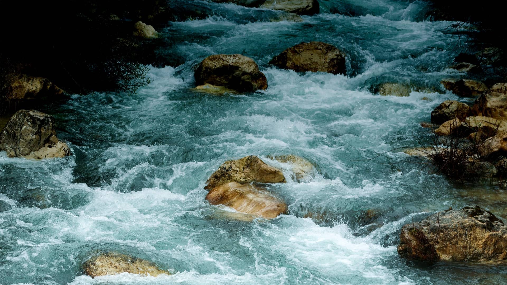 A close-up photo of a stream flowing over moss-covered rocks, creating small ripples and cascades.