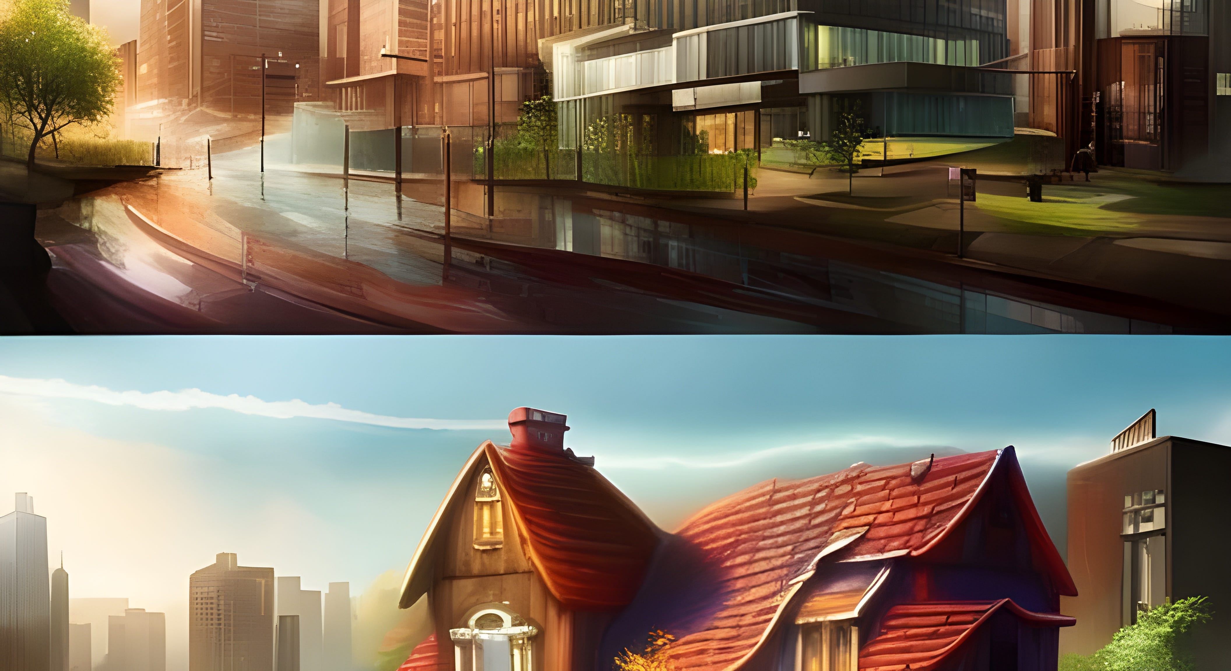 A split screen illustration with office buildings on top and a cottage on the bottom.