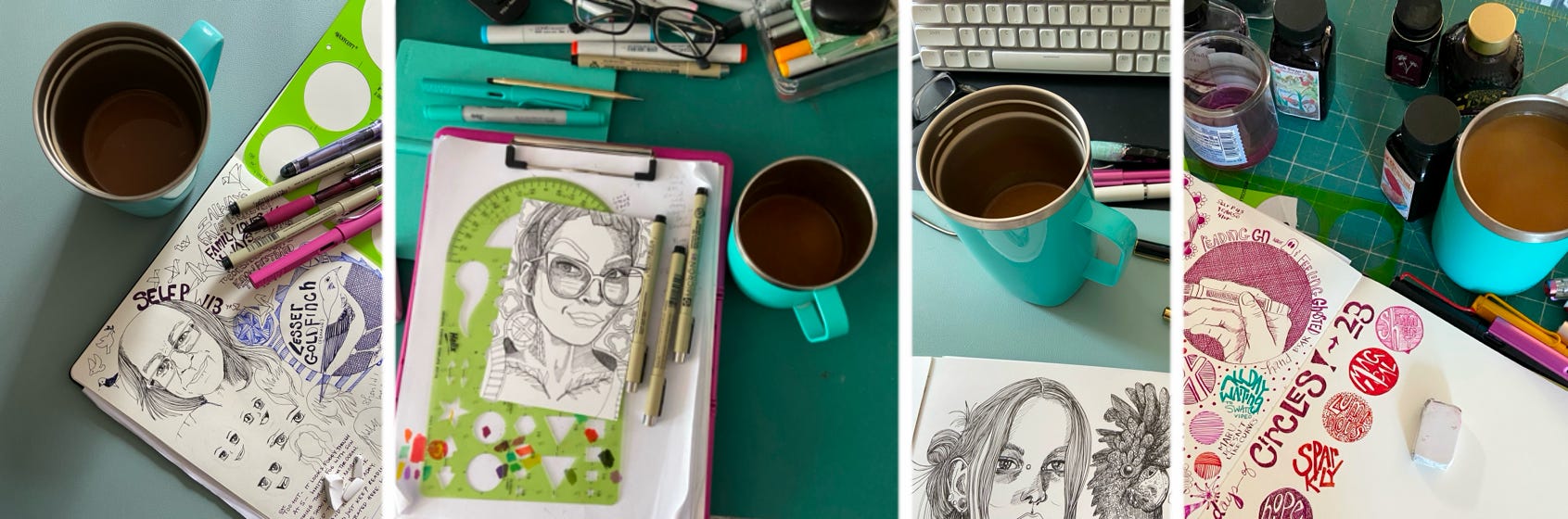 Coffee cup images with sketchbook art.