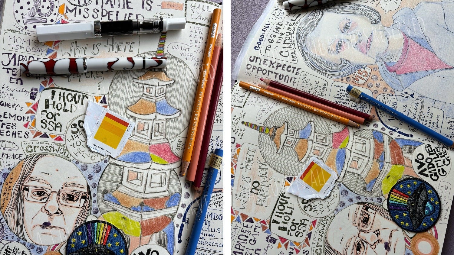 Illustrated journal pages from week 25 of 2024. A cowen