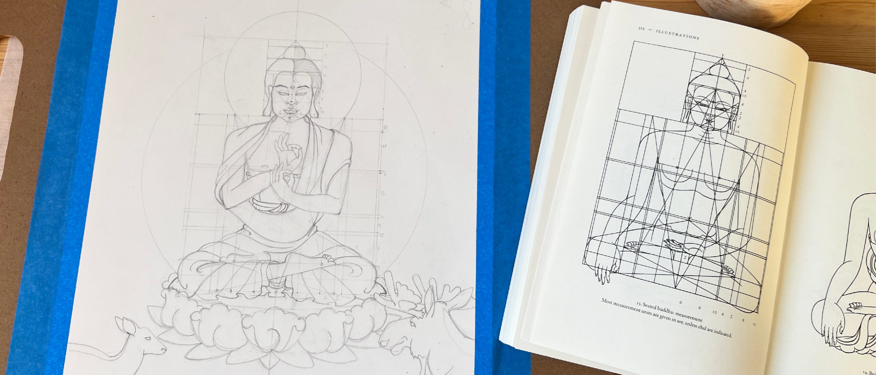 A photo of a the sketched grid and form of Shakyamuni Buddha next to an open book showing the grid measurements as a guide. 