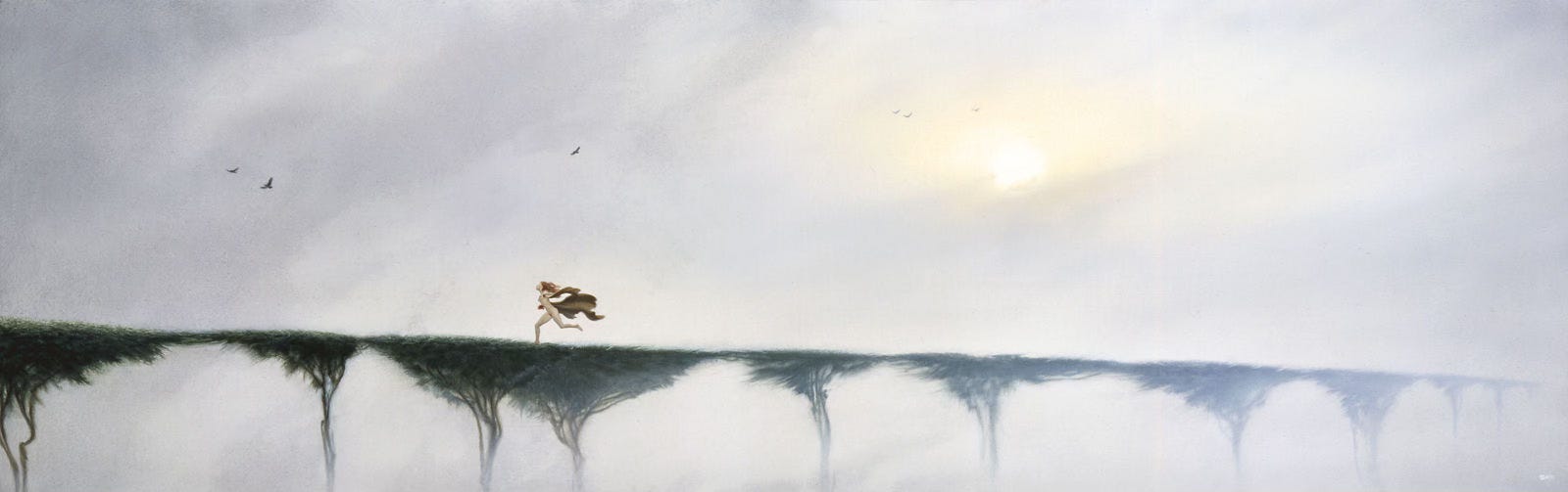 A redheaded woman runs naked across a bridge made of flat topped trees. Behind her flows a brown cloak that she holds pinched at her side. In her right hand, she clutches a red glass heartAbove, birds soar over a gray clouded sky. The bridge fades into the fog even as the yellow glow of sun tints the sky where it is obscured.