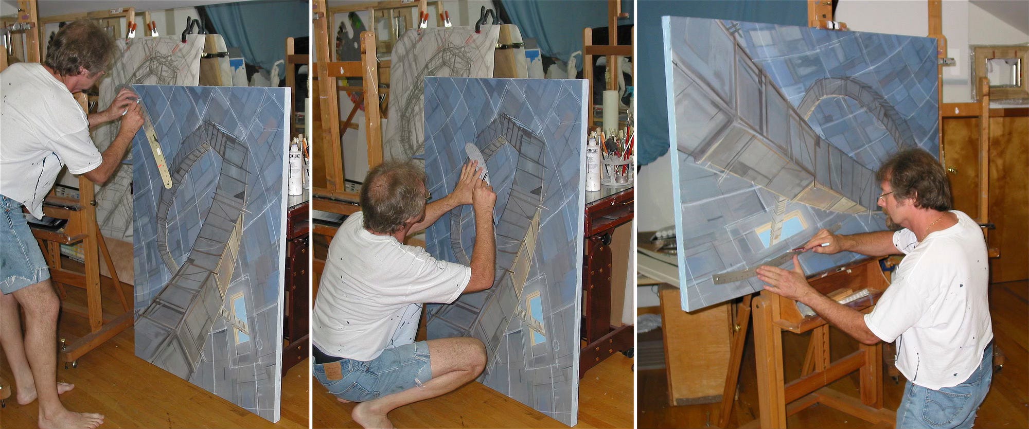 Three photos of Michael at work on Lumen 9. He's standing up while using a curved metal ruler to help define the panels on the wall of the painting. In the middle photo, he's kneeling so he can work lower on the painting which is resting on the floor leaning against a stand. In the last photo, the canvas is turned on his easel so he work on the lower right corner of the painting which is oriented at the bottom on his easel.