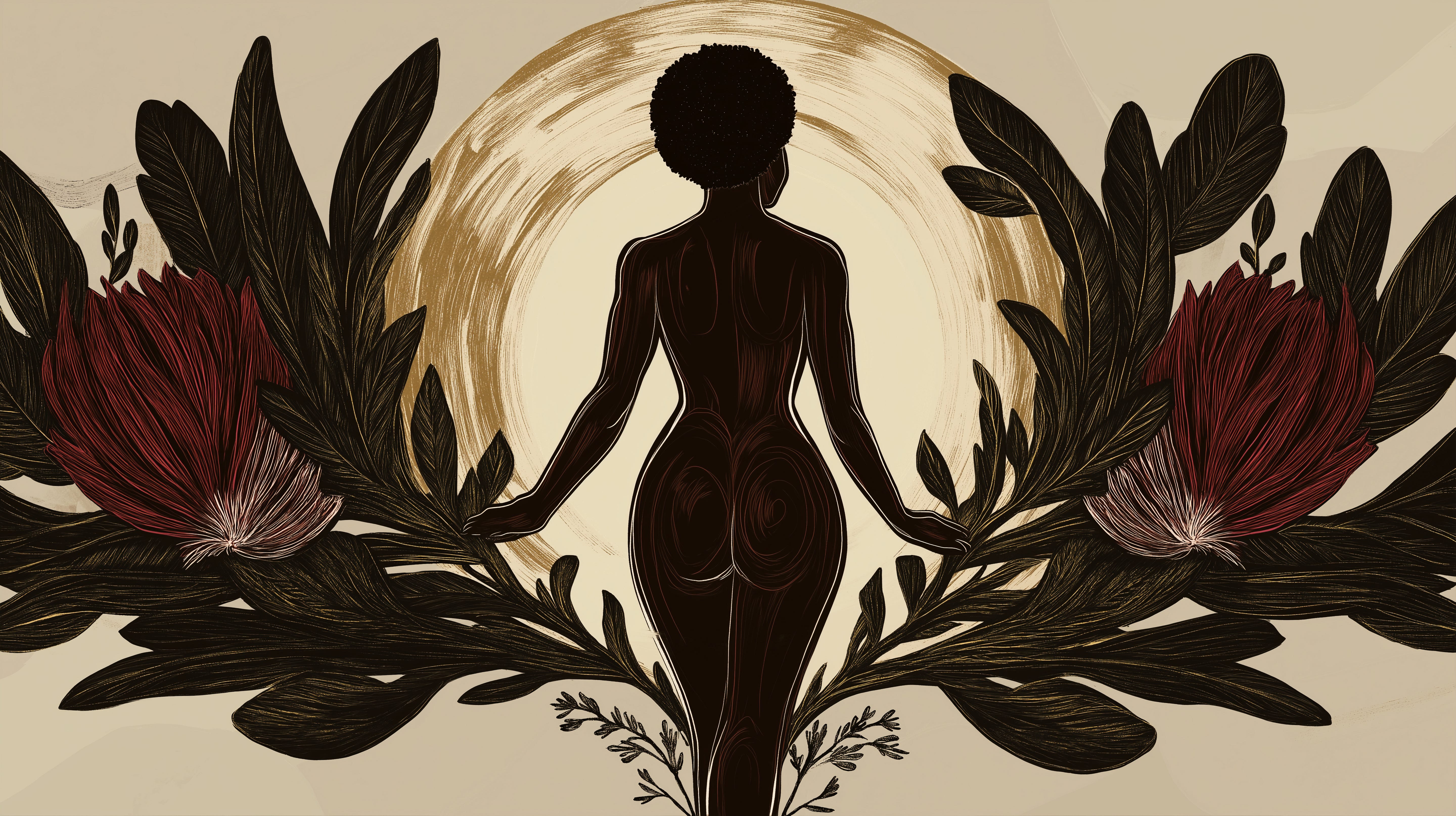  An illustration of an African woman's silhouette with her back turned, standing between two large dark leaves that resemble wings or feathered seraphim wings. The background is beige, and there's a circle behind the figure with light coming from it. She has afro-style hair in a bun. Her body shape resembles flowing water.