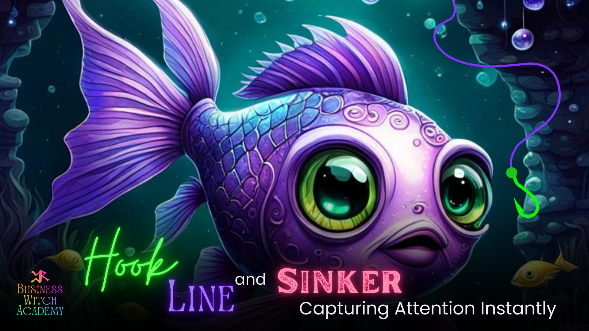 Image of purple fish generated with the assistance of Night Café AI and Canva exclusively for Cheryl Evans, Business Witch Academy, “Hook, Line and Sinker: How to Use Hooks to Capture Attention Instantly”