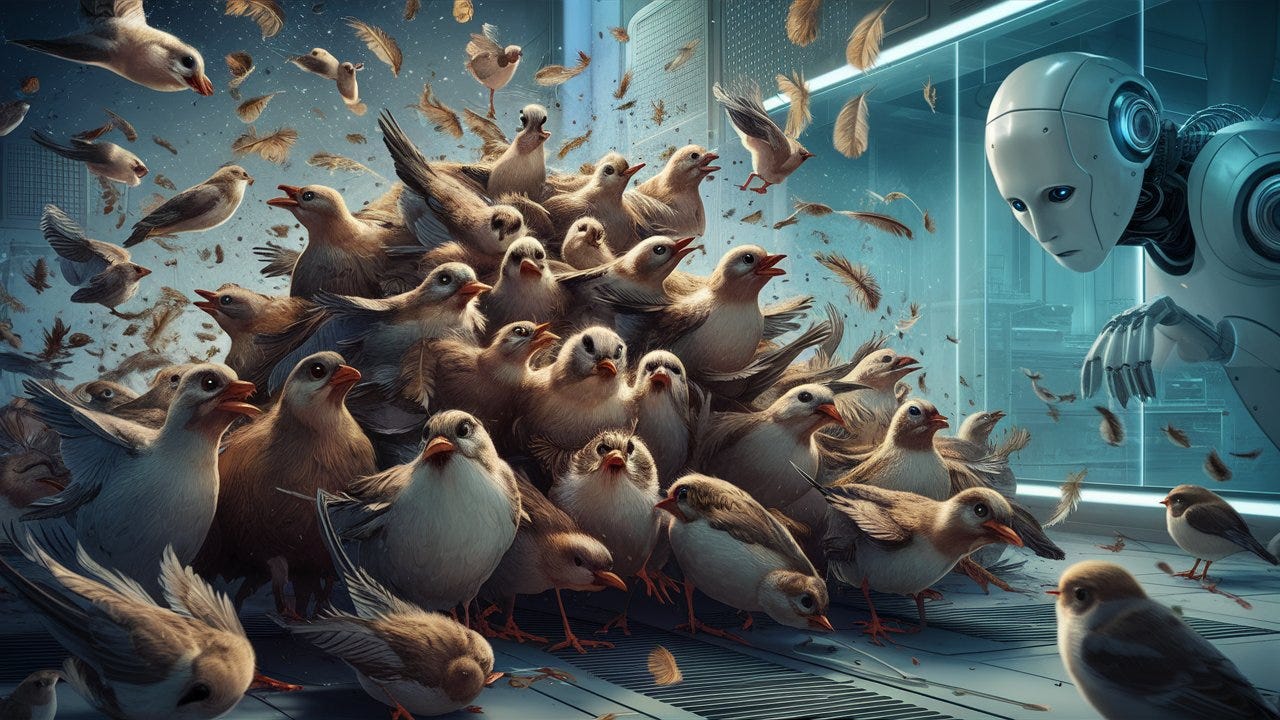 A captivating digital illustration of a flock of birds in a chaotic state, scattered and frightened, with feathers flying everywhere. The birds' eyes  are wide with fear, and their feathers are ruffled, creating a sense of urgency. A looming AI robot is off to the side, its cold, metallic gaze fixed on the birds, causing their panic. The background is a futuristic lab, with glass walls and state-of-the-art equipment, emphasizing the conflict between nature and technology.