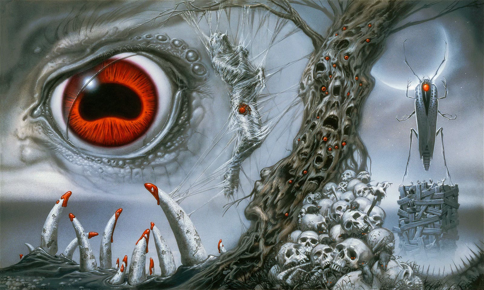 A red iris with distorted pupil, bent down and bean-shaped, dominates a gray montage of horrific elements. Festering pustules form on the lids—both upper and lower—while a transparent inner sheath slides over the moist eyeball. Curving fangs protrude from the ground below, tips dripping with blood. A barren tree composed of melting, tormented faces extends leans on a diagonal. Tiny red eyeballs break up the ghastly driftwood surface. At the base of the tree, a nymph-like wraps one leg around the trunk while craning her head back. A branch grows in the place of her free arm. Did she capture these souls or is she one of them? Stringing webs between teeth and tree, a spider tends to a body contorted in agony with arms wrapped at its chest. A mound of skull piles along the side of the tree. Rats with beady red eyes play hide-and-seek in the orbitals. An insect-demon stands on a crate with limbs raised to the crescent moon. Hands work free between boards to reach out and up from the box.