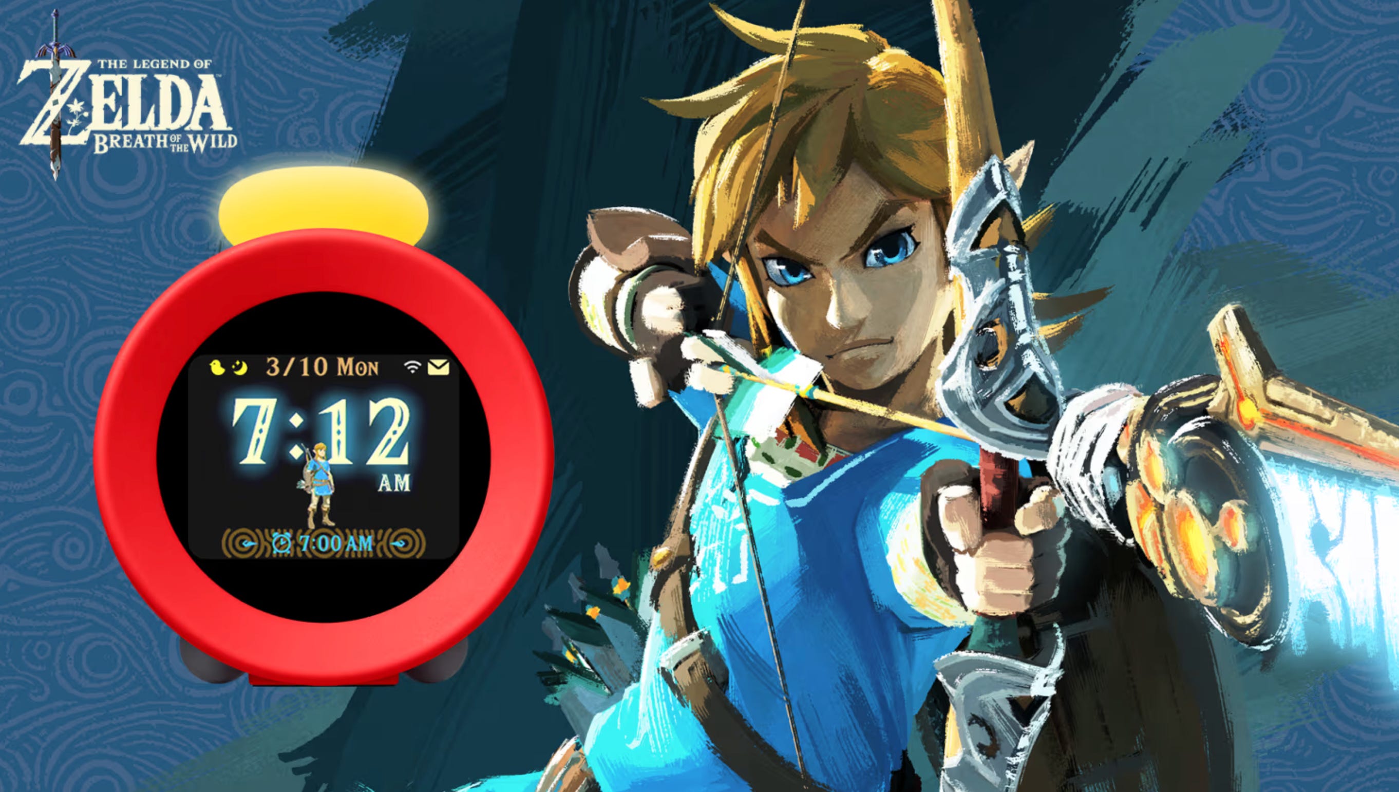 Image of a circular clock showing the date, time and Link from the Zelda series. Next to the clock is an illustration of Link