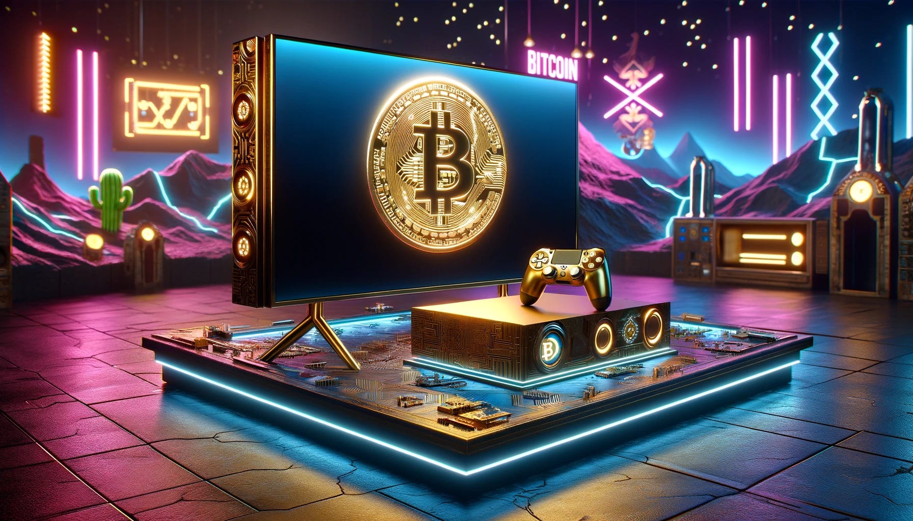 Create a landscape-oriented scene with a cyberpunk theme, featuring a unique video game console that embodies the essence of luxury and digital currency. The console is gold-colored, symbolizing wealth and exclusivity, and is designed to reflect the aesthetics of Bitcoin. Beside the console, there's a sleek flatscreen television displaying the vivid Bitcoin logo, integrating the theme of cryptocurrency into the gaming experience. The environment around the console and television is adorned with neon lights and futuristic decor, typical of a cyberpunk setting. This setting combines the worlds of gaming, luxury, and digital finance into a cohesive visual narrative, highlighting the intersection of technology and currency in a visually striking manner.
