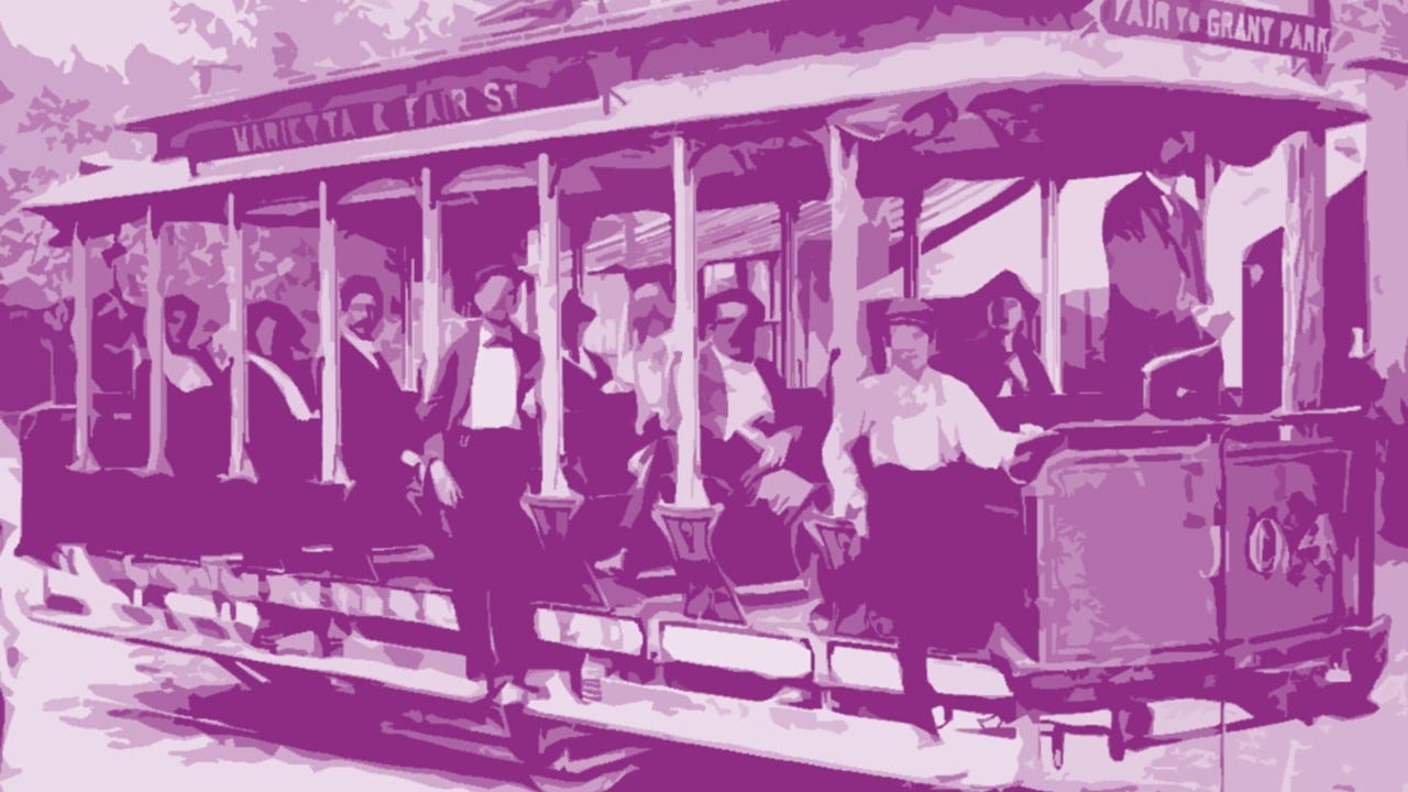 Streetcar 1890s with computer effects to make it appear a painting, blurred