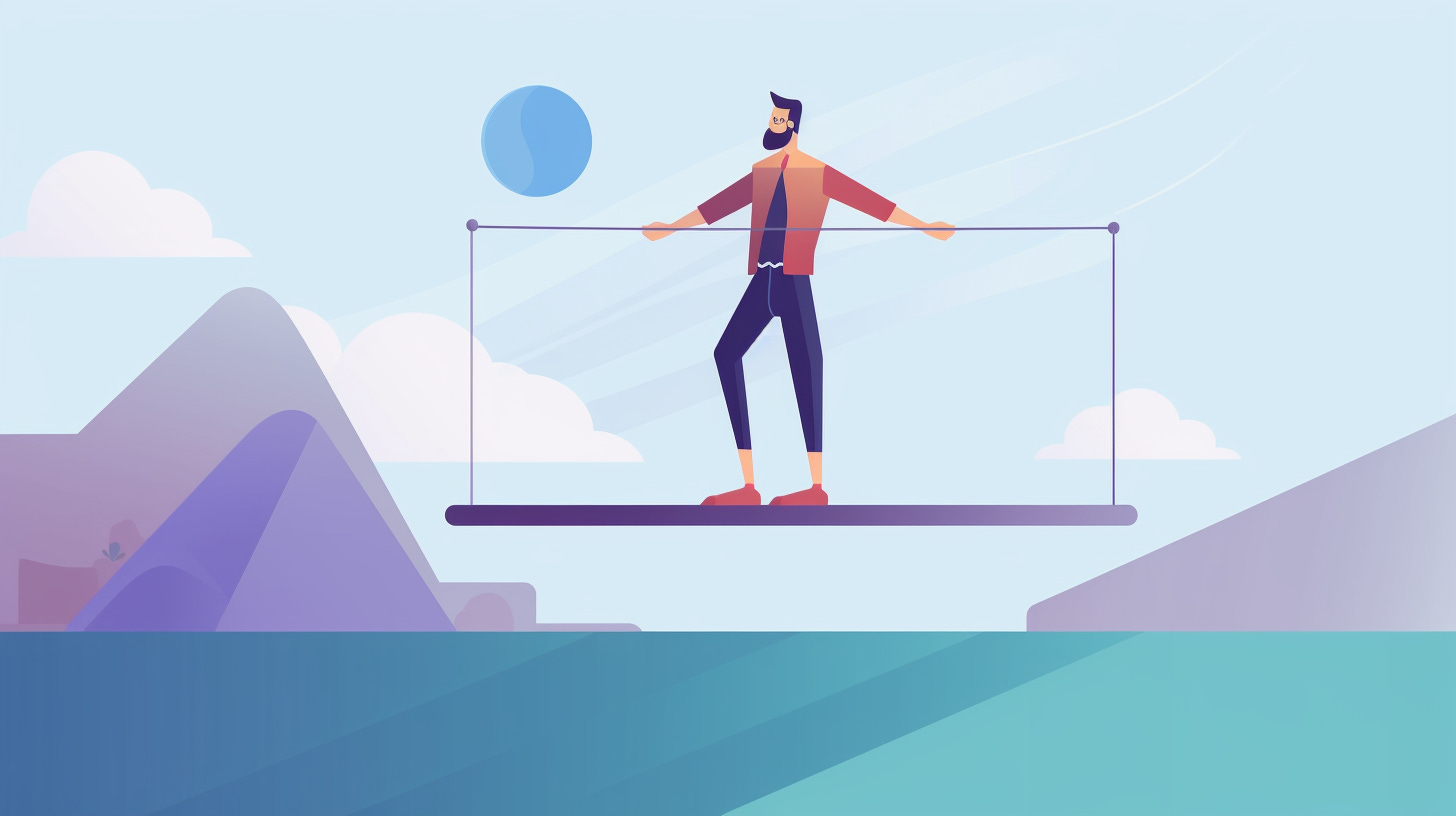  A vector illustration of a Product Designer balancing on a tightrope, as a featured hero image, eye-catching, fun, and interesting by John Wayne Hill