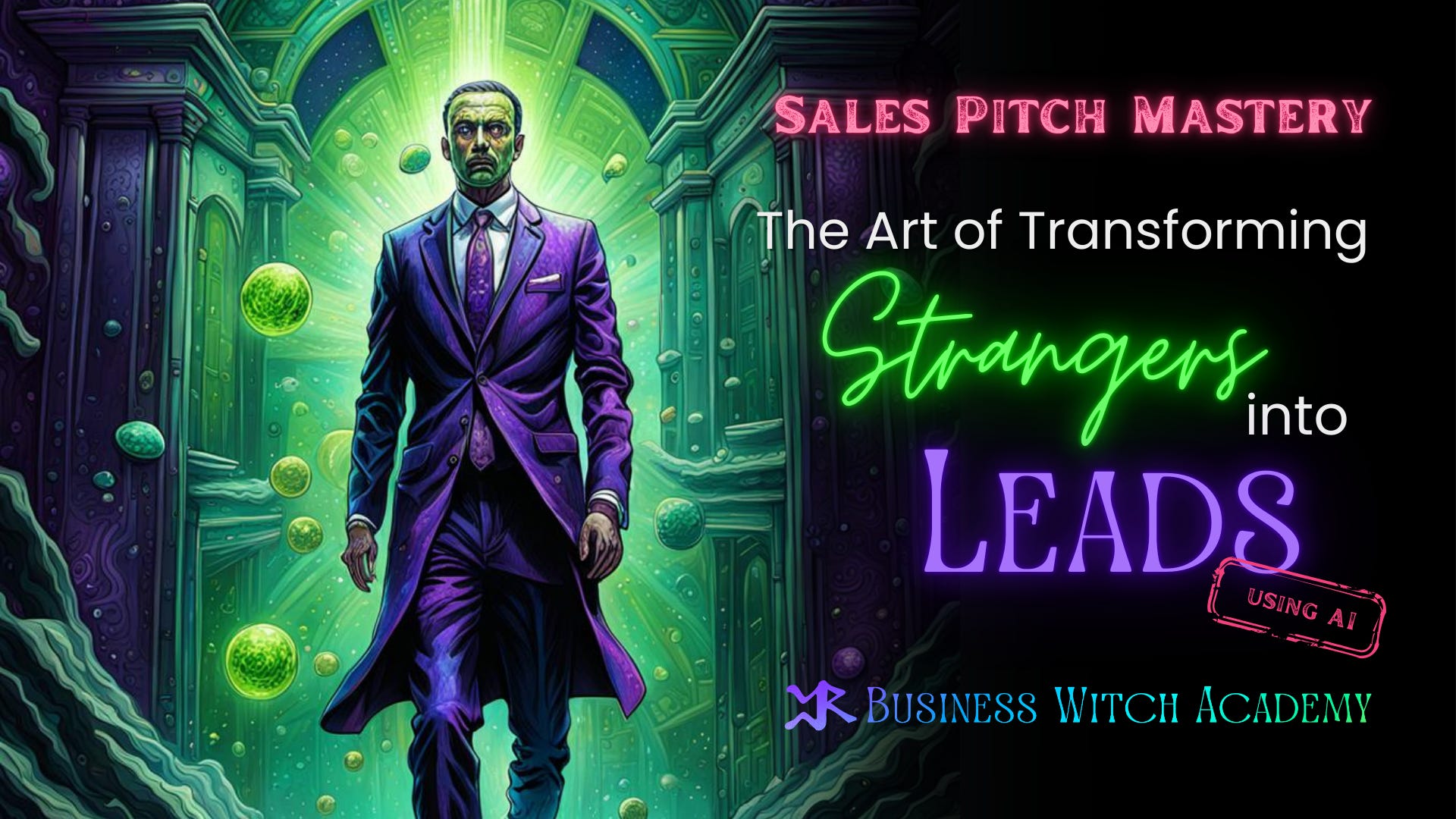 Title Image of man in purple suit walking out of a green elevator. Generated with the assistance of Night Café AI and Canva exclusively for Cheryl Evans, Business Witch Academy, “Quick Sell Mastery: The Art of Transforming Strangers into Leads (using AI)” course.