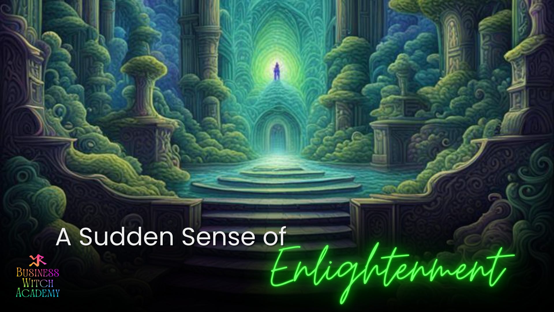 Generated with the assistance of Night Café AI and Canva exclusively for Cheryl Evans, Business Witch Academy, “A Sudden Sense of Enlightenment: The Art of the 30 Second Elevator Pitch”, person backlit standing in a grand ancient ruin overgrown with plants