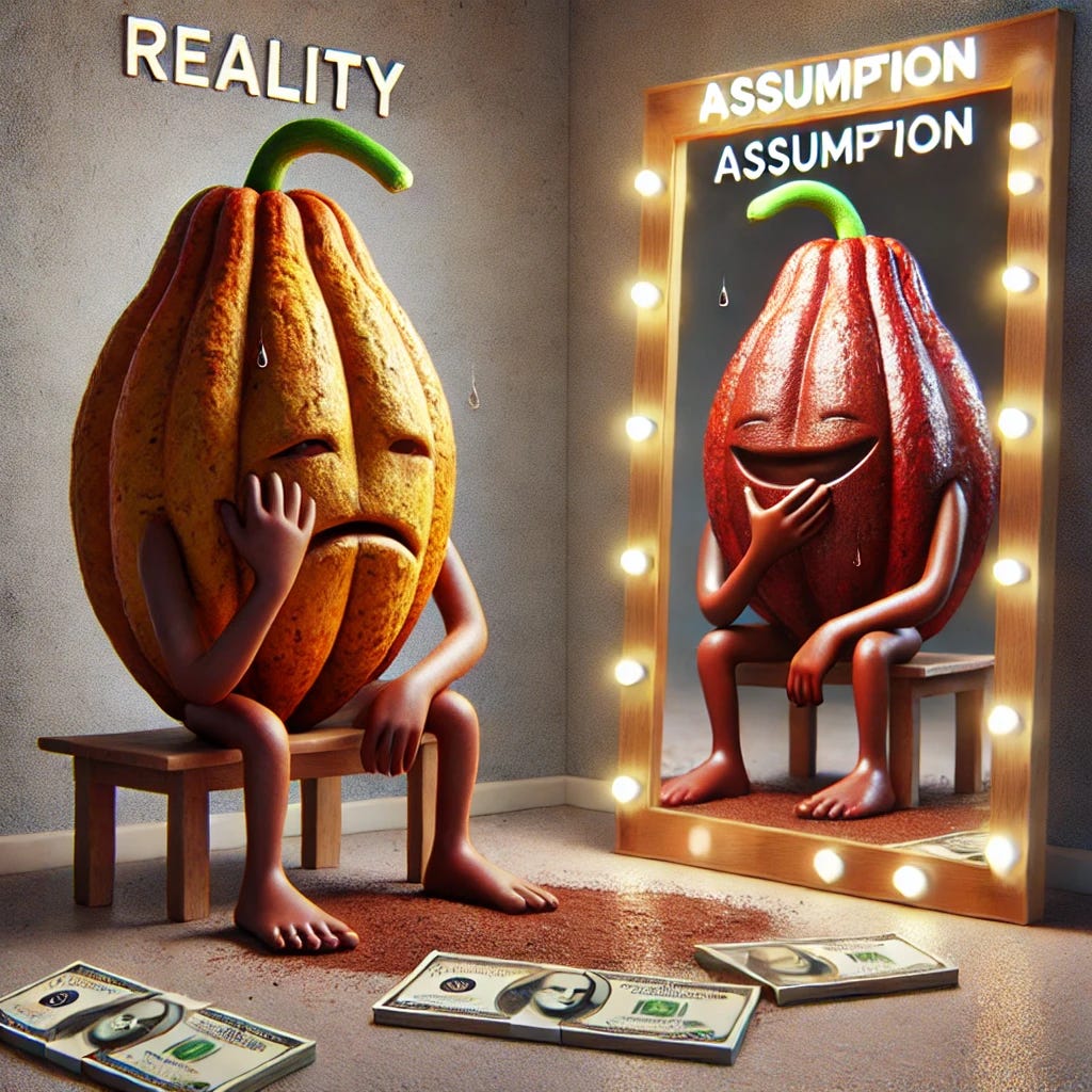 A hyperrealistic image of a sad cocoa pod sitting down with its hand to its jaw, looking disappointed. The environment around it should look dull, representing hardship. In front of it, a mirror shows the reflection of the same cocoa pod, but this time it looks vibrant, shiny, and surrounded by money, representing wealth and happiness. Above the sad cocoa pod, add the inscription 'Reality', and above the happy, wealthy reflection in the mirror, add the inscription 'Assumption'. The background should be simple but clear to emphasize the difference between the two scenes.