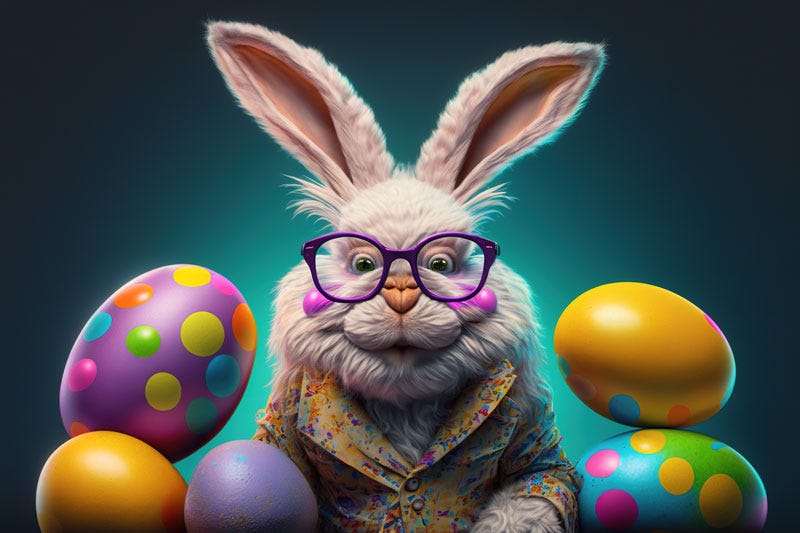 A big fluffy plushy-like rabbit with purple spectacles and yellow-print pjs sits between colourful eggs. Some eggs have colourful polkadots while others look plain. The rabbit is a dusty pink colour and the background a dark blueish-green.